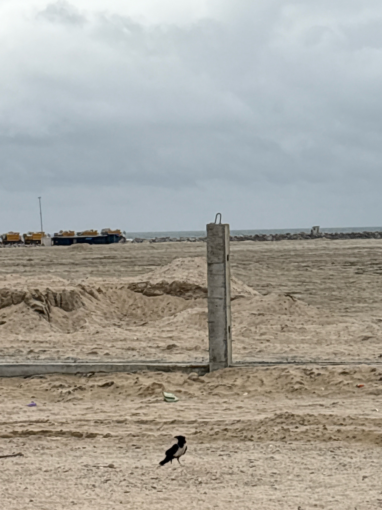 The image shows a flat, sandy expanse under an overcast sky. In the foreground, a single bird with black and white plumage stands on the sand. Further back, a concrete pillar stands upright, and to its left, a faint line suggests a foundation or boundary. The mid-ground features mounds of sand and a concrete structure. In the background, a line of rocks forms a barrier along the water's edge, beyond which the sea is visible. On the far left of the background, a tall pole with equipment is present. The overall scene depicts a construction or development site near a body of water. The location is identified as Alaguntan, Nigeria.