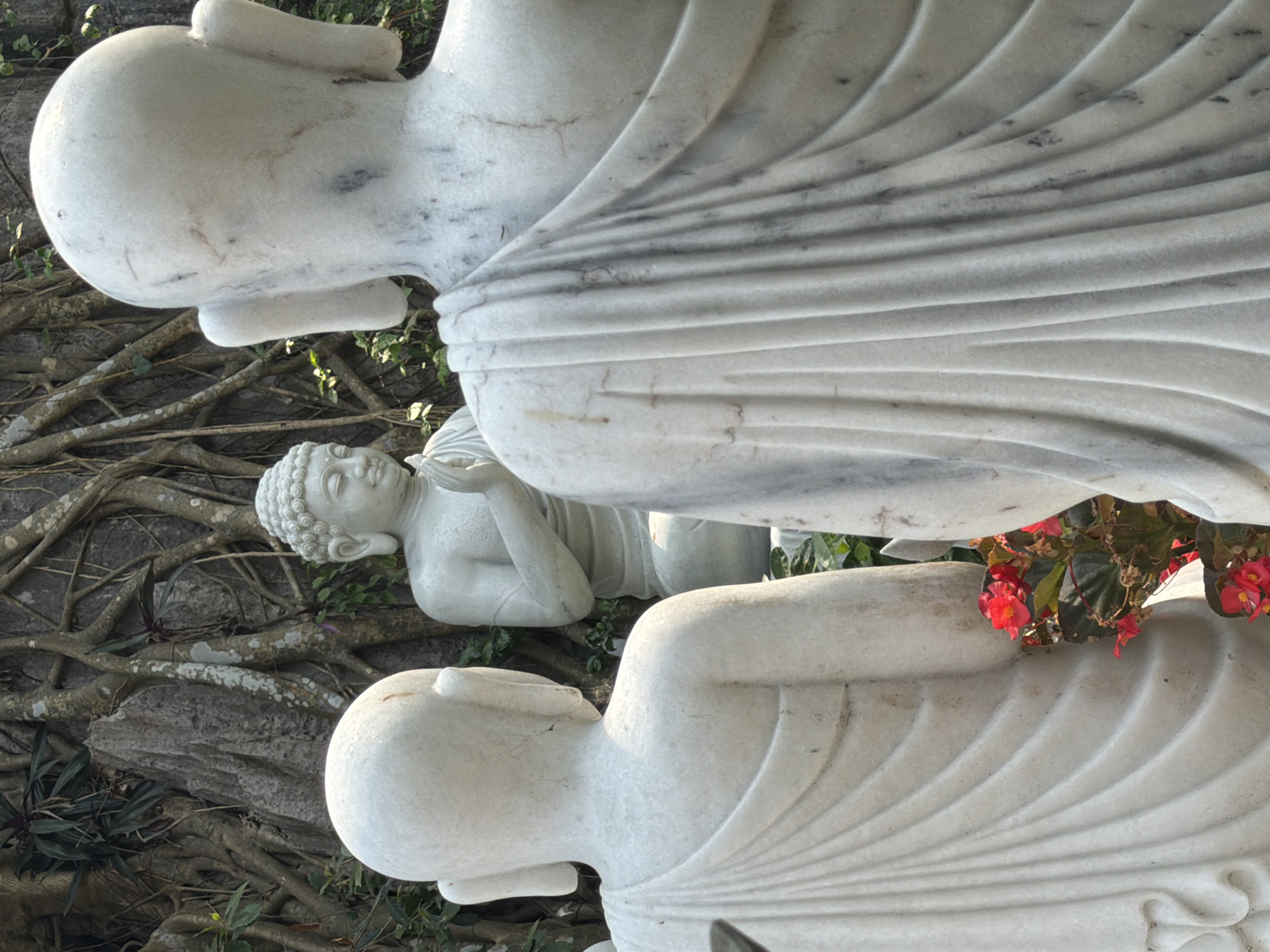 The image depicts three marble reclining Buddha statues situated outdoors amidst natural elements. The statues are white with subtle gray marbling. One statue is fully visible, nestled between the other two; its head is adorned with tight curls, and its face is serene with closed eyes. The other two statues are only partially visible in the foreground and background, showing their heads and draped robes. Red flowers with green leaves grow between the statues. Roots and rocks are visible in the background, suggesting the statues are located in a garden or natural setting. Based on the scene and statues, it is most likely located in the city of Đà Nẵng, Vietnam.