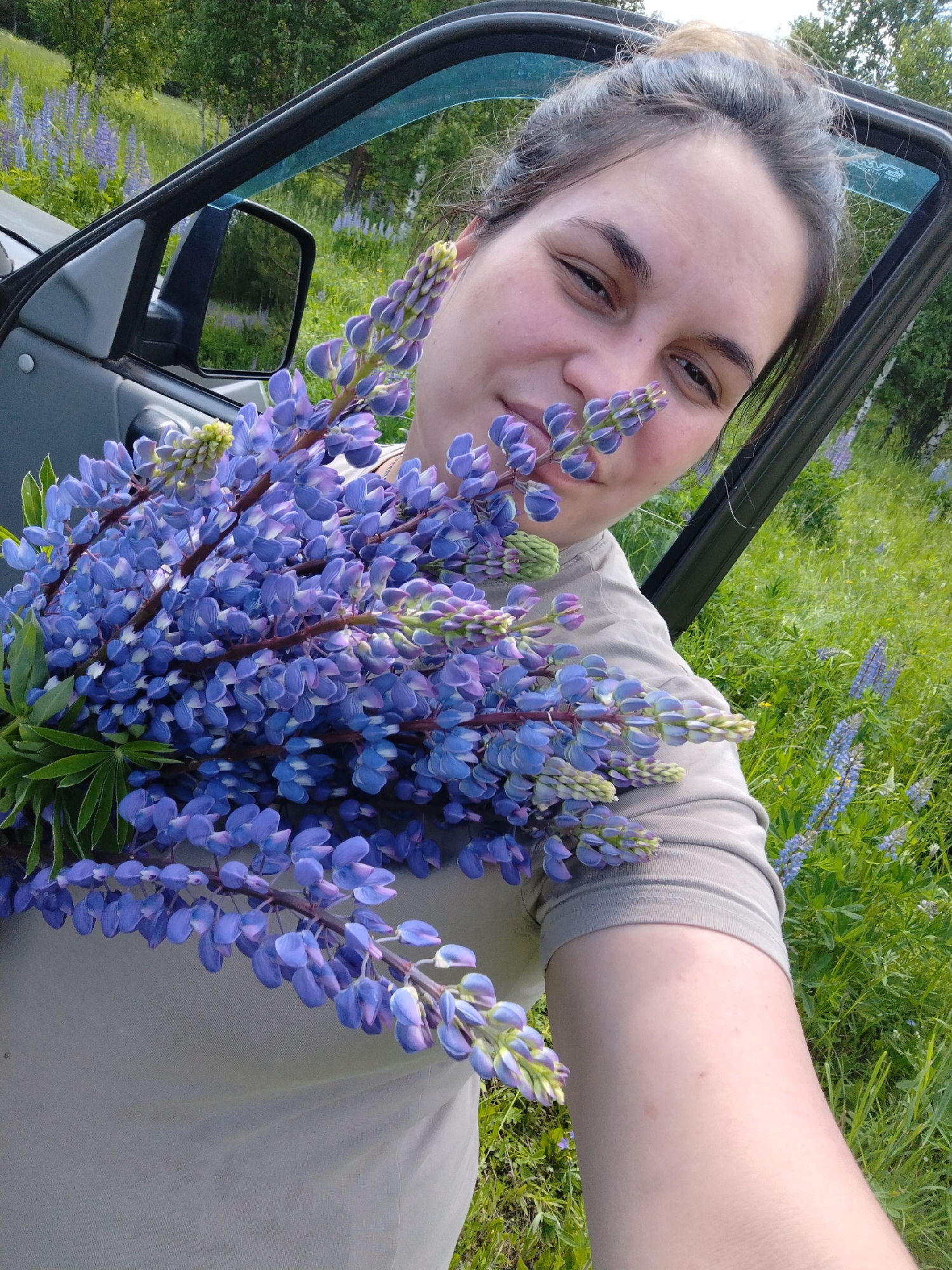 A young woman stands near an open car door in a field of blooming lupines, holding a large bouquet of the purple flowers. The car appears to be silver. The woman has her hair pulled up in a bun and is smiling at the camera. The background is filled with tall green grass and more lupine flowers, suggesting a natural, outdoor setting likely in or around Zipunovo, Russia, a region known for its summer blooms. The sunlight indicates it is daytime.