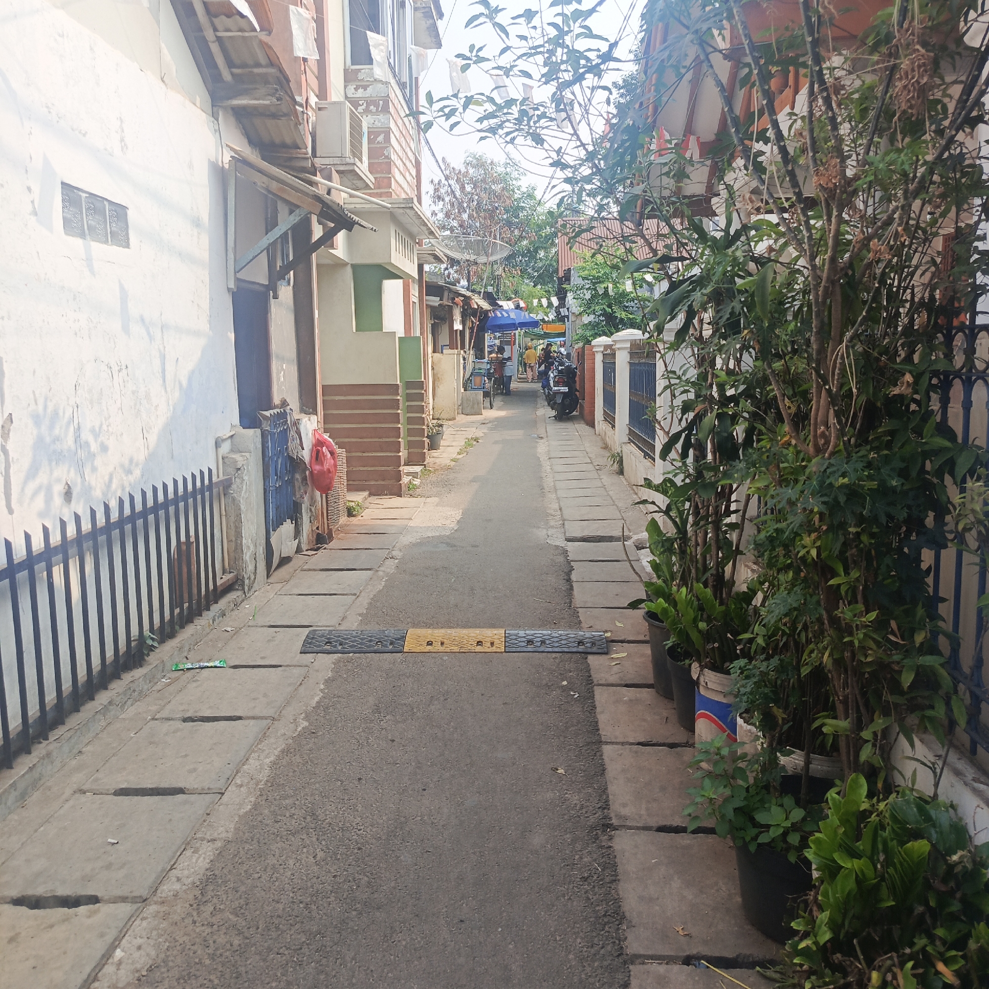A narrow, paved alleyway runs through a residential area in South Jakarta, Indonesia. The alley is flanked by buildings on both sides, with some vegetation and potted plants visible. On the left, a white-walled building features a dark door, a blue metal gate, a red plastic bag hanging from a hook, and a small, frosted glass window. A black metal fence runs along the sidewalk in front of this building. On the right, a series of potted plants, including some with large leaves and others with thin, branching stems, are lined up along the sidewalk. These plants are situated next to a white wall with a decorative black metal fence.
The alley pavement is made of asphalt and is bordered by concrete slabs on either side. A speed bump, colored yellow and grey, is present in the middle of the alley. Further down the alley, a few people can be seen, one person in a yellow shirt standing near a blue umbrella-covered stall. There are also motorcycles parked in the distance, and laundry is hanging from clotheslines strung between buildings. The overall impression is of a densely populated urban environment with a mix of residential structures and small commercial activities. The lighting suggests it is daytime, with sunlight casting shadows on the buildings.