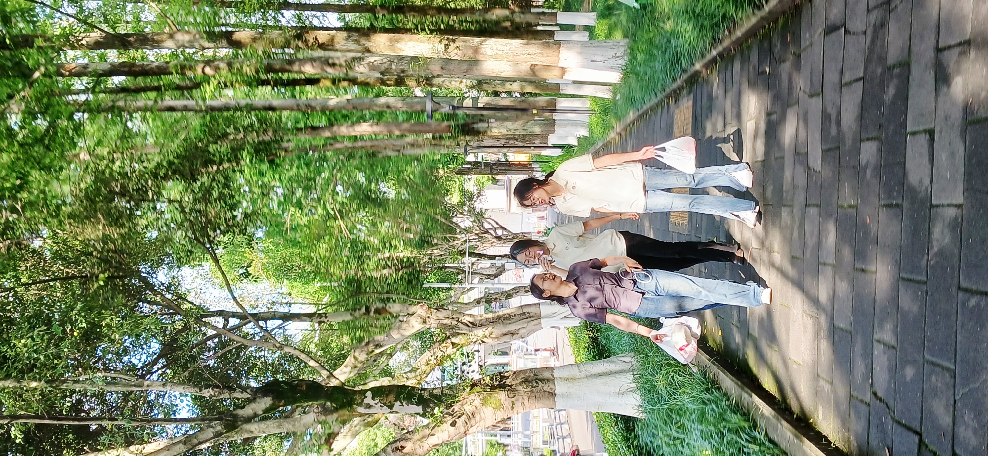 Three young women are standing on a paved pathway alongside a grassy area, presumably in Chongqing High-tech Zone, China. The pathway is lined with trees. The woman nearest the camera is wearing a purple shirt and jeans, holding a plastic bag. The woman in the middle is wearing a white shirt and black pants. The woman farthest from the camera is wearing a white shirt and jeans, and is also holding a plastic bag. The women are conversing with each other.