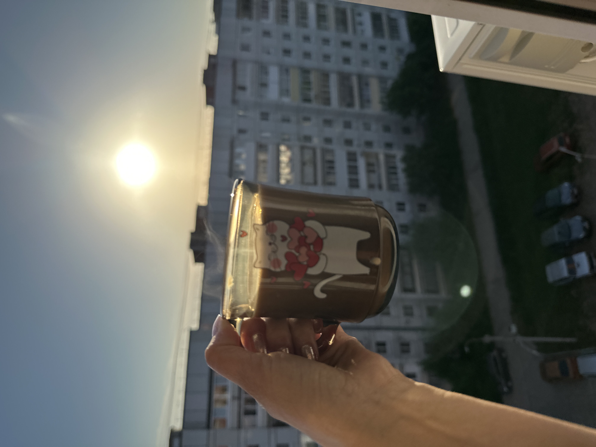 A hand holds a glass mug with a brown beverage inside, the mug decorated with a cat illustration holding hearts. The background features a tall building with numerous windows, trees, and several cars parked in what appears to be a parking area. The bright sun is visible in the upper left corner of the frame. The photograph appears to have been taken from inside a building, near a window. The setting is Chaikovsky, Russia.