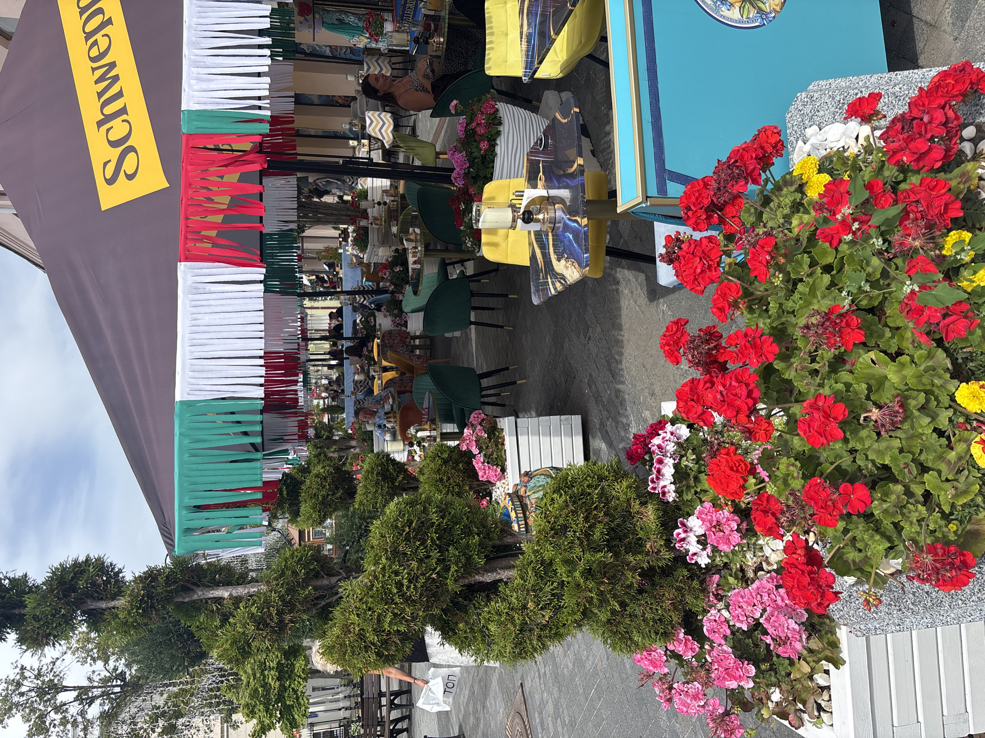 The image depicts an outdoor cafe scene with a focus on decorative elements and some patrons. In the foreground, a planter is filled with vibrant red and pink geraniums, interspersed with smaller yellow flowers. Behind the flowers, a grey, speckled planter box is visible. To the left, a tall, conical evergreen tree stands, with more trees of the same type forming a line.
Further into the scene, an awning with red, green, and white fringe hangs overhead. A yellow banner with black lettering reading "Schweppes" is attached to the awning. Tables with chairs are arranged under the awning, suggesting a seating area for the cafe. Some patrons are visible sitting at the tables, and one person is lying down on a chair in the background. The tables themselves have decorative tops with abstract designs. A bright blue structure with some decorative elements is also visible in the background.
The scene appears to be set during the daytime, with good lighting. The presence of outdoor seating and flowers suggests a pleasant, possibly warm, weather day. The overall atmosphere seems relaxed and leisurely, typical of a cafe environment.