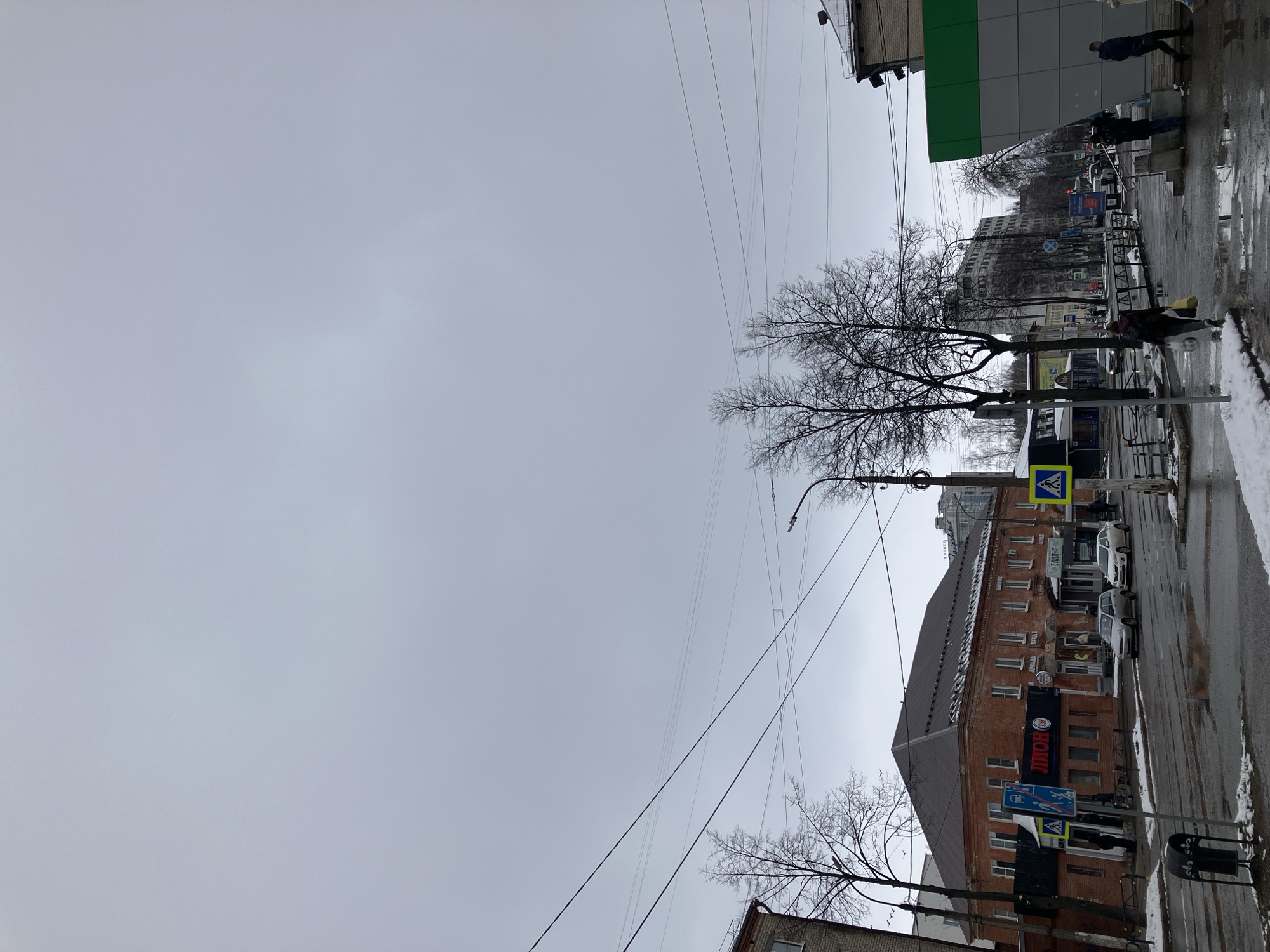 The image depicts a street scene in Chaikovsky, Russia, characterized by a gray, overcast sky. Along the right side of the image, buildings of varying architectural styles are visible. A multi-story brick building features several signs, including what appears to be Cyrillic text. A modern building with green and gray panels stands beside it. Bare trees, indicative of winter or early spring, are interspersed along the street. Utility lines stretch across the sky. Pedestrians are seen walking along the sidewalk. The road is wet, suggesting recent rain or snow melt. There is snow piled up on the sidewalk. Crosswalks are marked with signs. Cars are parked along the street. A lamppost is also visible.