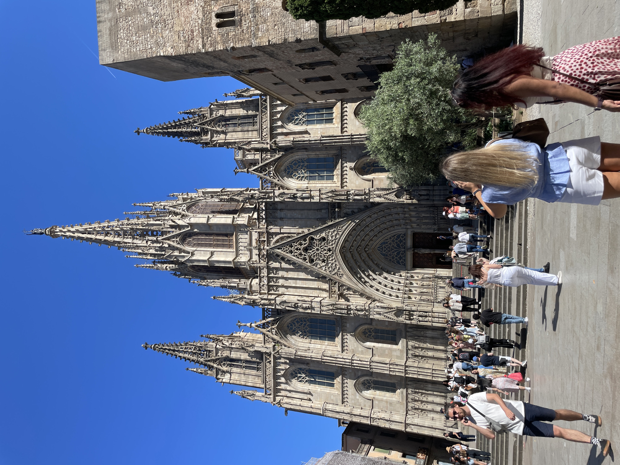 This is an eye-level, medium shot of the Barcelona Cathedral, located in Barcelona, Spain. The cathedral is a large Gothic structure with intricate details and towers reaching into a clear blue sky. There is a historic building that is connected to the Cathedral via an architectural bridge. The entrance to the cathedral is adorned with rose-shaped tracery. Many people are milling around the entrance, some ascending the steps towards the doors. Among the crowd, several individuals stand out: a woman with blonde hair in a blue top and white shorts appears to be taking a photo of the cathedral with her phone. Another woman, with auburn colored hair, is wearing a spotted dress. A man with sunglasses in a white shirt and navy shorts is walking on the pavement while talking on his cellphone. A tree stands near the cathedral's entrance.