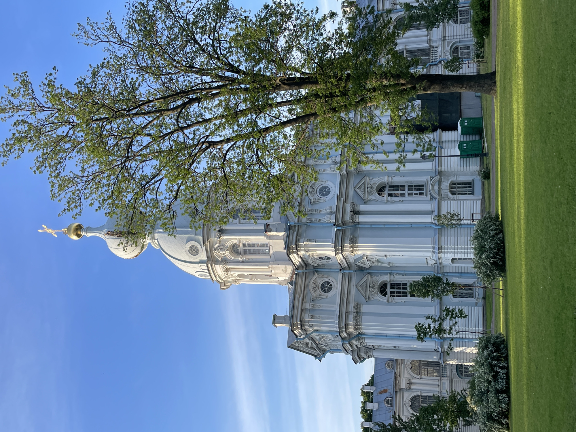 The image displays the Smolny Cathedral in Saint Petersburg, Russia, under a clear blue sky with minimal cloud cover. The cathedral, a prominent structure of the Russian Baroque style, is characterized by its light blue walls contrasting with numerous white architectural details including columns, pilasters, cornices, and decorative window frames. A large, white central dome is topped by a smaller, golden onion-shaped cupola, from which a golden Orthodox cross ascends. Various arched and circular windows are visible across the facade. To the left and extending behind the main cathedral, white monastic buildings with grey roofs and similar ornate architectural features are partially visible.
In the foreground, a manicured green lawn occupies the lower portion of the frame. Two large, rounded green bushes are situated in the mid-ground, symmetrically placed before the cathedral's base. Smaller trees with young green foliage are scattered across the lawn and near the buildings. A large deciduous tree with a thick, dark trunk and dense green leaves dominates the right side of the image, partially obscuring the cathedral's facade.
A black streetlamp stands in the mid-ground on the right. Immediately behind it, two green portable toilets are positioned at the base of the large tree, adjacent to a section of building or temporary structure partially covered with green netting. Sunlight illuminates the cathedral from the left, highlighting its details and casting subtle shadows. No individuals or animals are present in the scene.