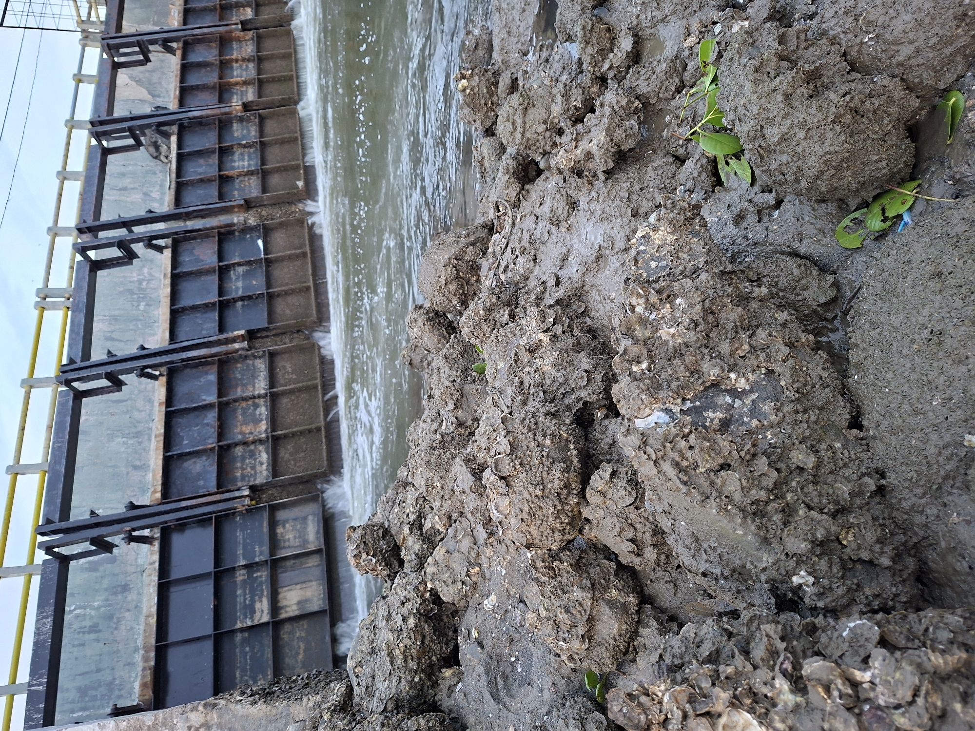 The image depicts a water control structure, possibly a dam or floodgate, with water flowing through its open sections. In the foreground, there is a pile of mud and debris, including what appears to be oyster shells and some greenery. The location is identified as Lhokseumawe, Indonesia, based on the prompt. The scene includes the man-made structure, the flowing water, and the natural elements of mud, debris, and possible vegetation along the shoreline.