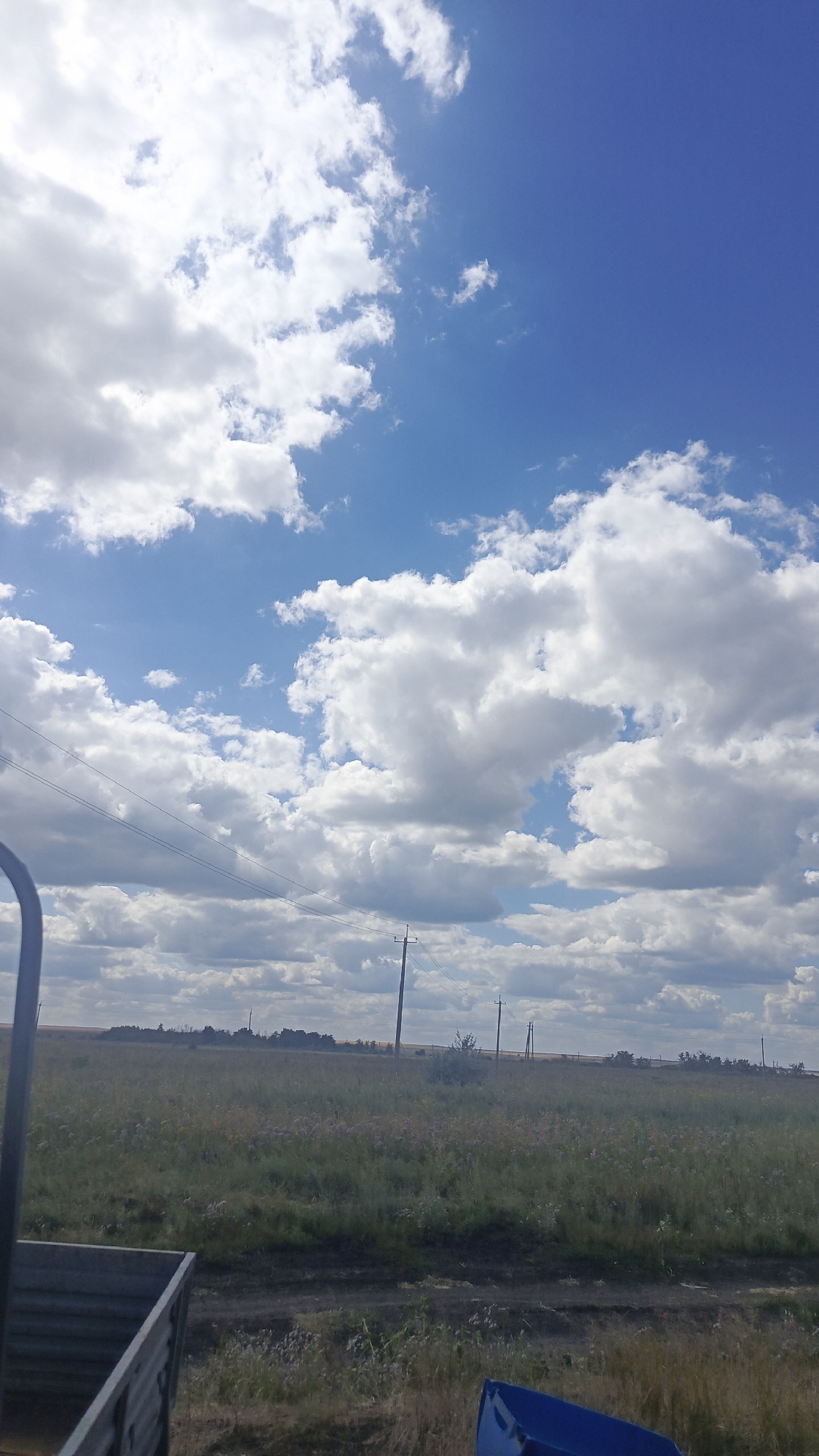 The image captures a rural landscape under a bright, cloudy sky. The foreground shows the corner of a grey metal container or vehicle bed, with a portion of a blue object, possibly another part of the vehicle, visible to the right. Beyond this, a field of tall, dry grass and scattered wildflowers stretches towards a distant treeline. Power lines and several utility poles traverse the middle ground. The sky is a vibrant blue, populated by large, fluffy white clouds, with some areas of brighter sunlight indicating clear patches. The scene is set in the village of Karyakino, Russia.