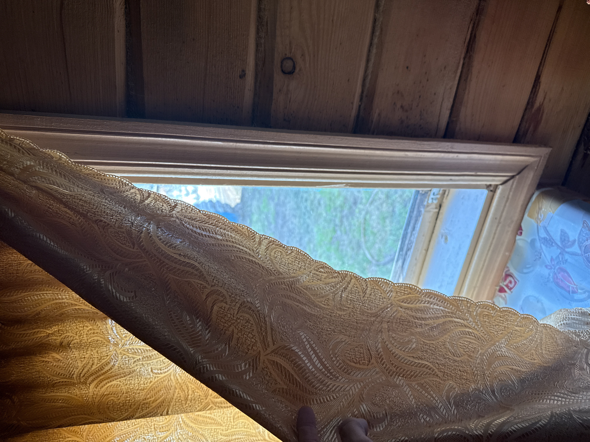 The image depicts the interior of a wooden room, likely a dwelling. A golden-colored curtain with a raised, patterned texture is pulled back to the left, revealing a window. Through the window, a blurred view of a grassy, outdoor area is visible. The window frame is wooden and painted a light color. To the right of the window, the wall is constructed of horizontal wooden planks. A person's finger is visible near the left edge of the curtain. The overall impression is one of a simple, rustic interior.