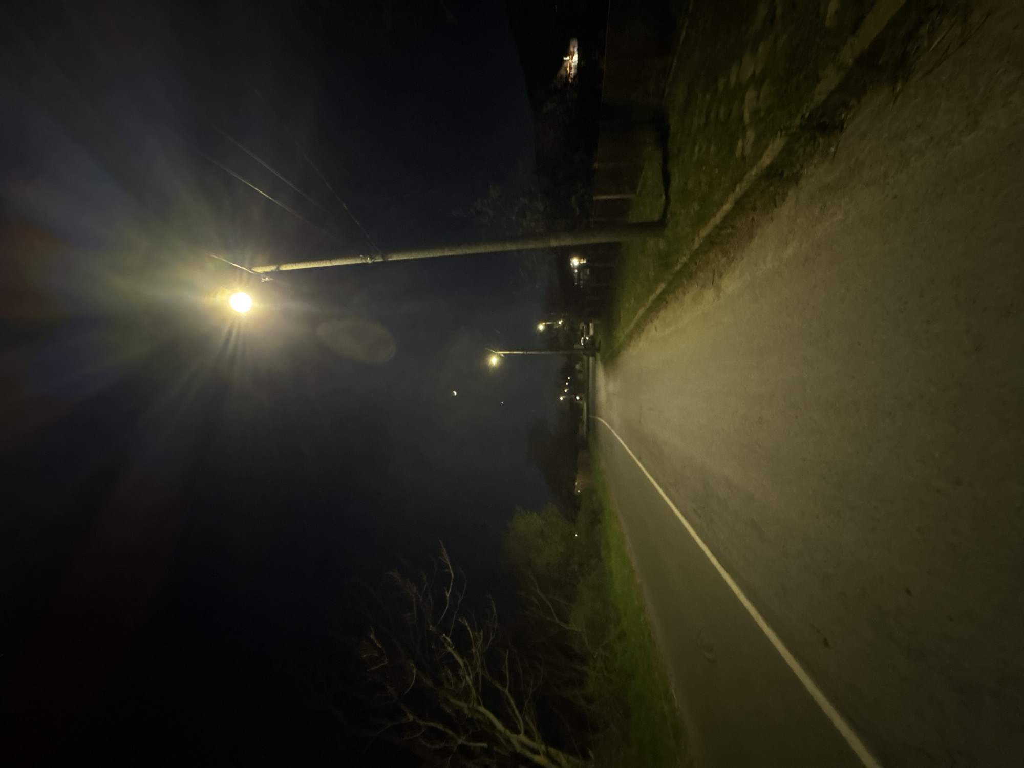 The image depicts a street at night in Goritsa, Bulgaria. Streetlights illuminate the road and a grassy verge. The road is paved and features a white line marking. Vegetation is visible on either side of the road. The sky is dark.