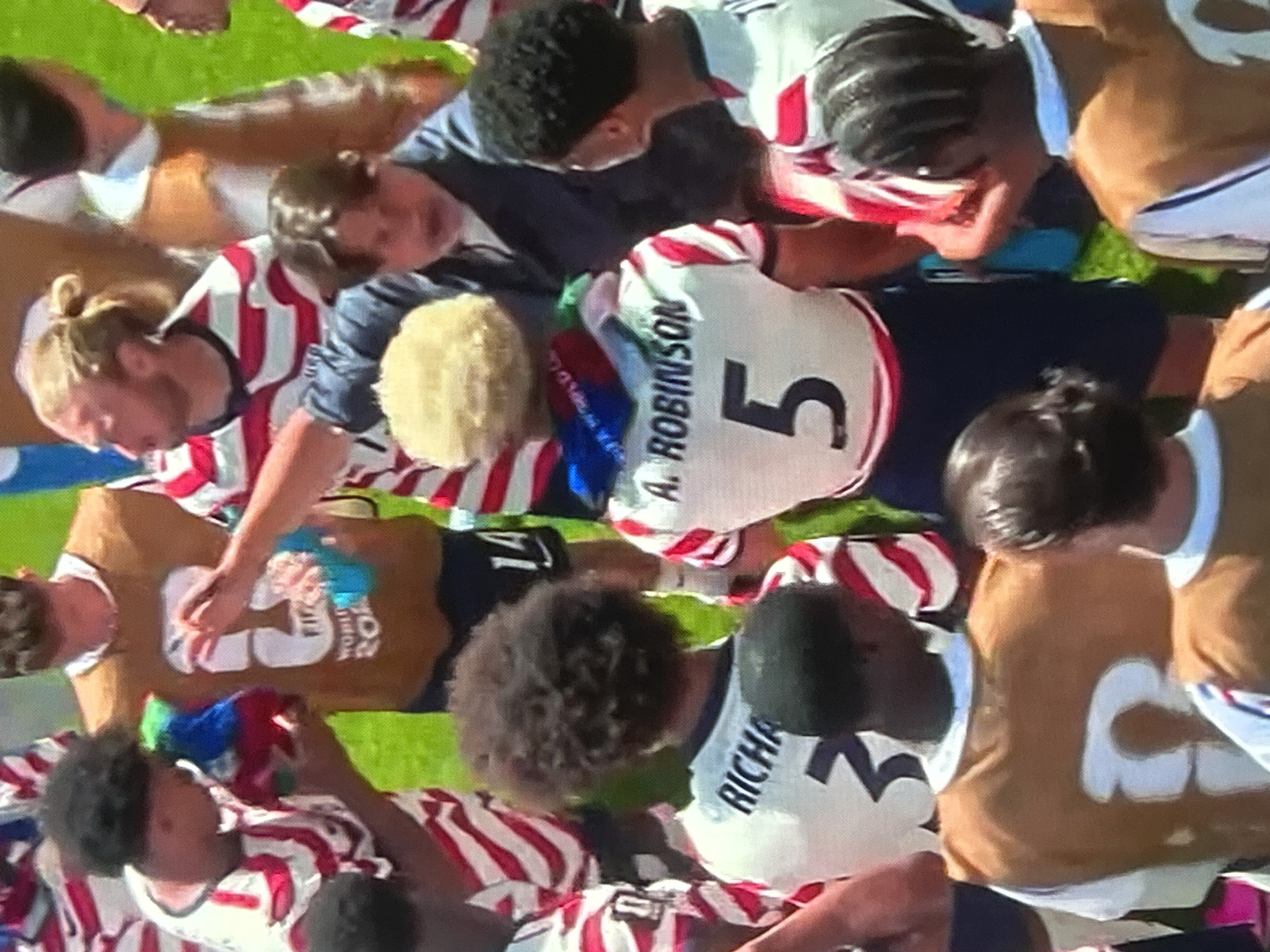 The image depicts a group of young men, likely athletes, gathered together outdoors on a sunny day, possibly on a sports field given the green background. They are wearing athletic attire, with several individuals sporting white jerseys featuring red and blue stripes on the sleeves and around the neck. One jersey prominently displays the name "RICHARDS" and the number "2" on the back. Another jersey shows "A. ROBINSON" and the number "5". Some individuals are wearing brown bibs over their jerseys, with numbers "3" and "8" visible on them. One person in the foreground is holding a stuffed toy. The overall atmosphere appears to be one of camaraderie and celebration among the group.