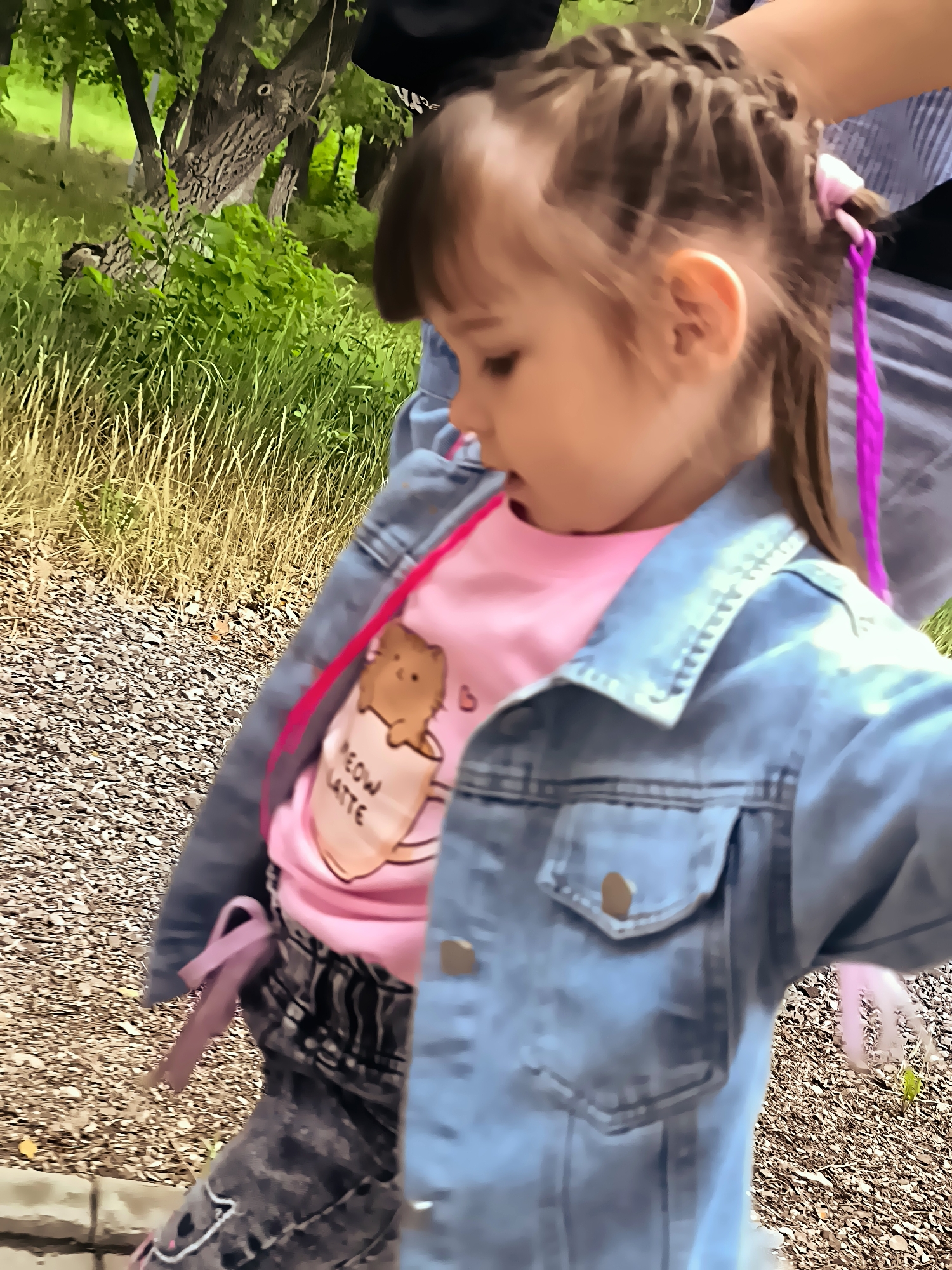 A young girl with braided hair adorned with pink ribbons stands outdoors, looking down. She is wearing a light blue denim jacket over a pink t-shirt with a cartoon cat graphic. Her lower body is clad in dark, patterned pants. The background consists of trees, green foliage, dry grass, and a gravel path. The scene is set in Karaganda, Kazakhstan.
