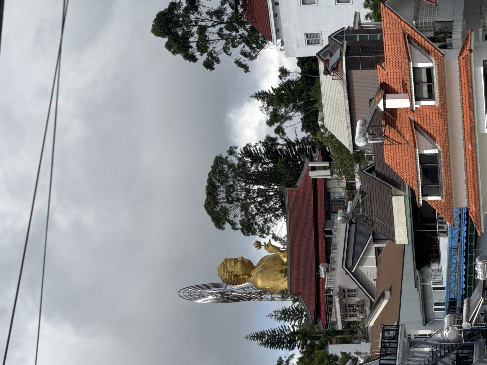 The image depicts a cityscape in Lâm Viên - Đà Lạt, Vietnam, against a cloudy sky. A large, gilded Buddha statue stands prominently in the foreground, positioned beside buildings with red-tiled roofs. These buildings appear to be houses or low-rise structures densely packed together. The cityscape is interspersed with green trees, offering a contrast between the urban environment and natural elements. Power lines are visible in the upper left.