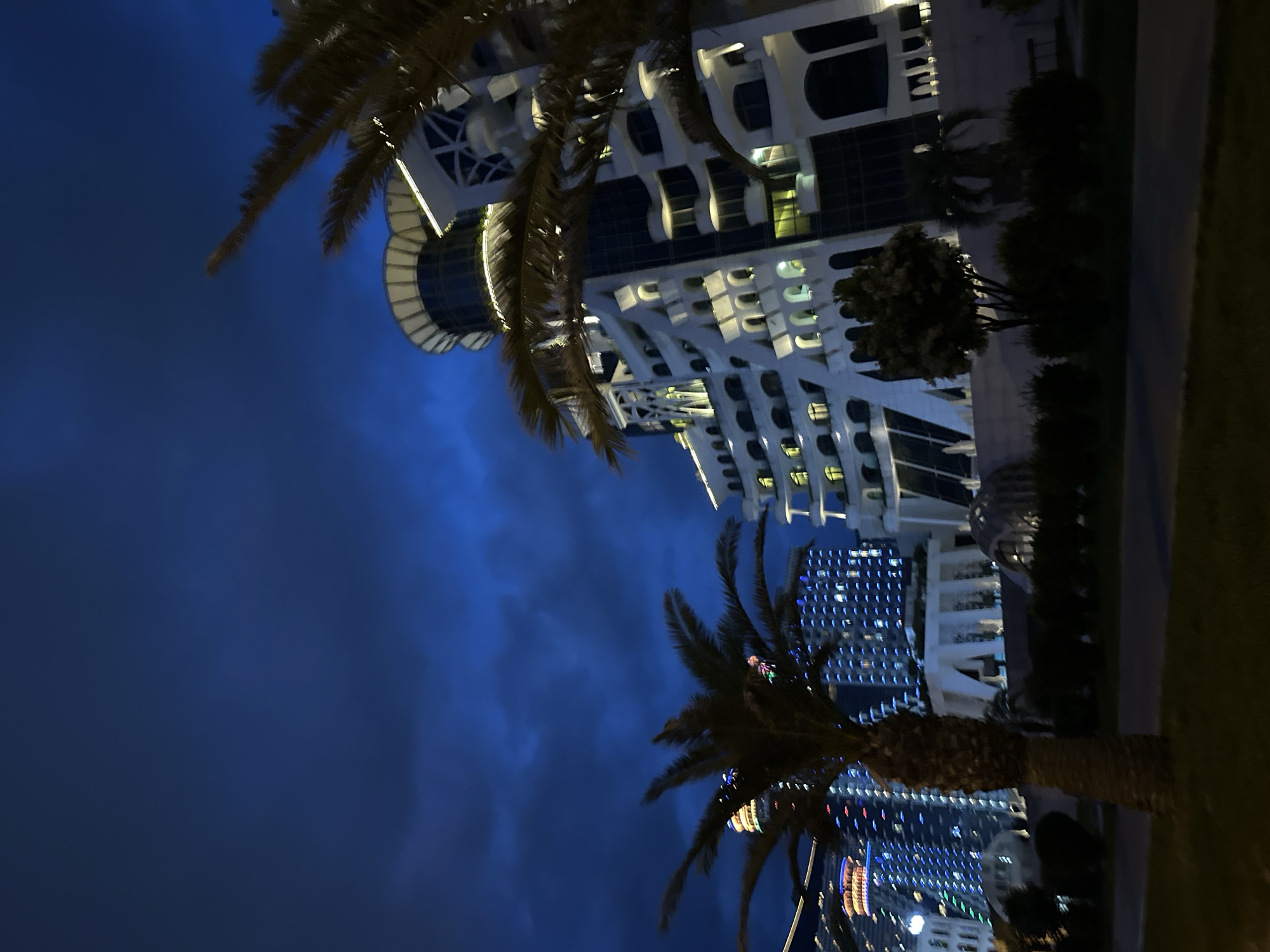 This is a nighttime, low-angle shot of a coastal city, likely Batumi, Georgia, with a focus on modern architecture and tropical vegetation against a dark, cloudy sky. The prominent white, multi-story building in the mid-right features a curved facade with arched windows and balconies, illuminated from within and by accent lighting along its edges and rooftop. To its left, a cluster of high-rise buildings is visible, aglow with blue and colored lights, suggesting a vibrant urban environment. Two palm trees, one in the mid-left foreground and another more distant, frame the scene. The foreground shows a dark grassy area and a road. The overall atmosphere is dramatic and slightly ominous due to the dark sky and the interplay of artificial lights and natural elements.