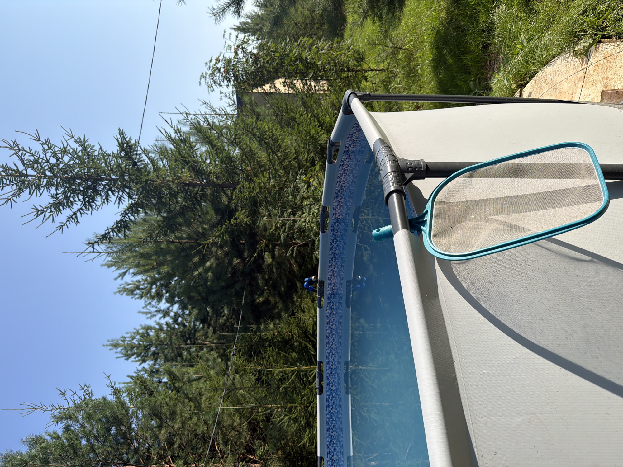 In Kuliki, Russia, a round above-ground swimming pool filled with clear blue water stands in a grassy area surrounded by tall pine trees. The pool has a white exterior and a decorative blue tiled liner visible at the top. A blue and gray pool skimmer is attached to the side of the pool, resting on the edge. The sky is clear and blue.