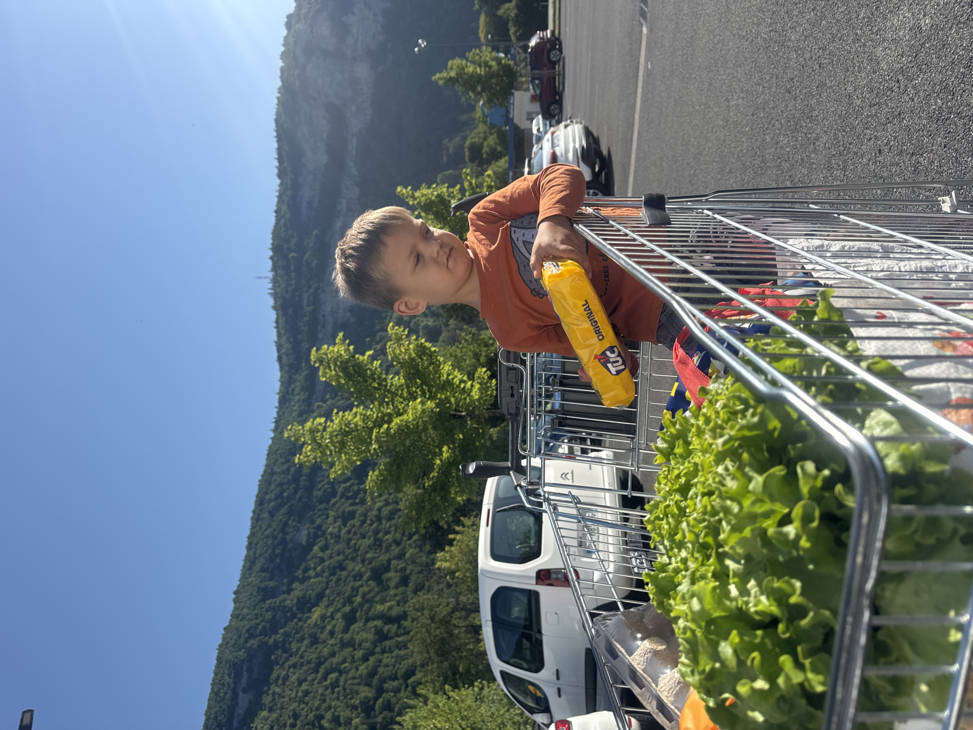 A young boy with blonde hair, wearing an orange long-sleeved shirt, stands in a grocery cart in a parking lot. He is looking down at a yellow package of crackers he is holding. The grocery cart is filled with a large head of lettuce and other items. In the background, a white van and other cars are parked. A green, tree-covered mountain range is visible behind the parking lot under a clear blue sky. The scene appears to be in Saint-Claude, France.