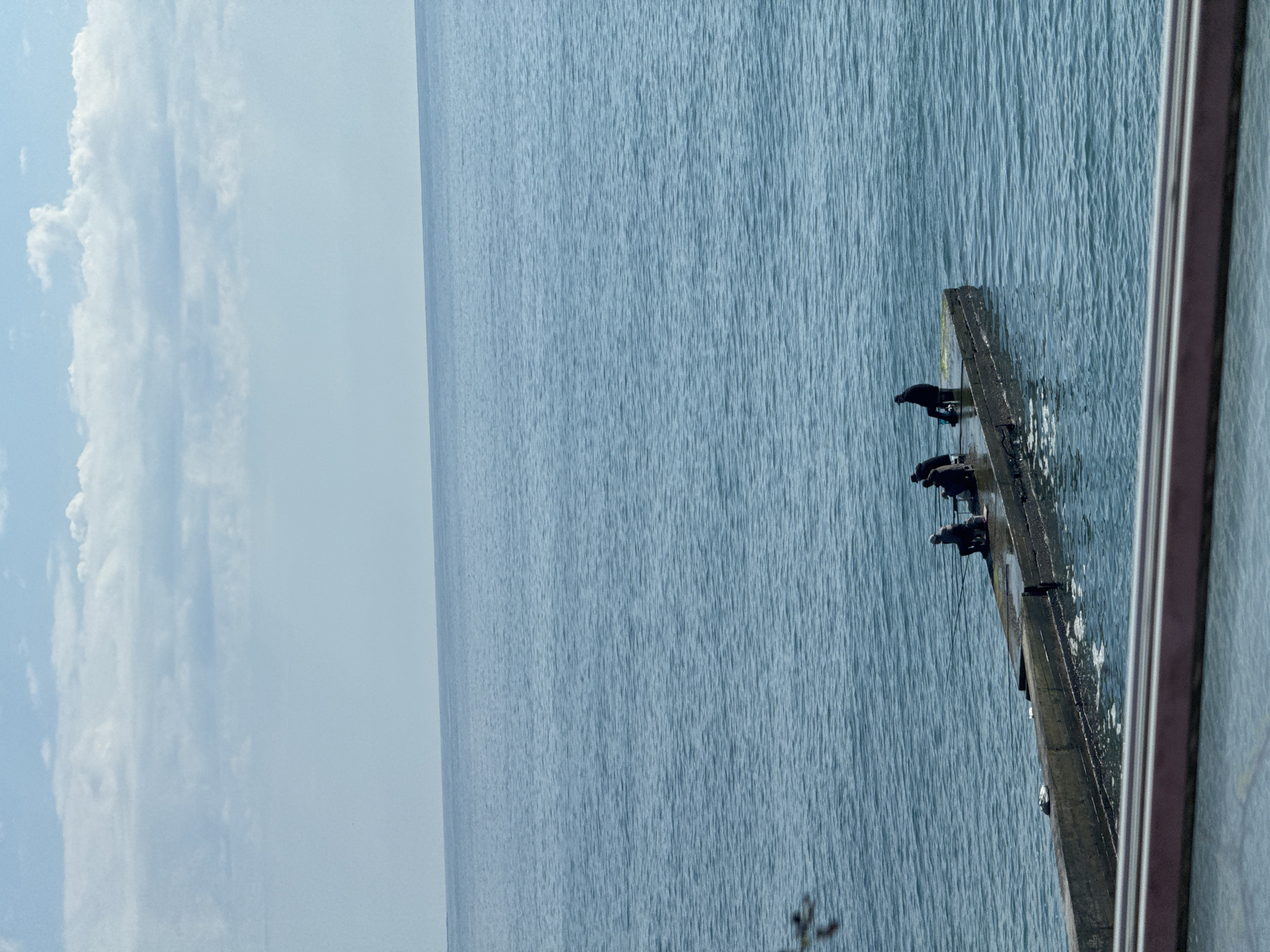 The image shows a view of the Black Sea from what appears to be a high vantage point in Sochi, Russia. A concrete pier extends into the water, and several dark-colored birds are perched on it. The sea is calm with subtle ripples. The sky above is partially cloudy, with a mix of clear blue and puffy white clouds. A partial view of a building structure is visible on the right edge of the image. There are people fishing on the pier.