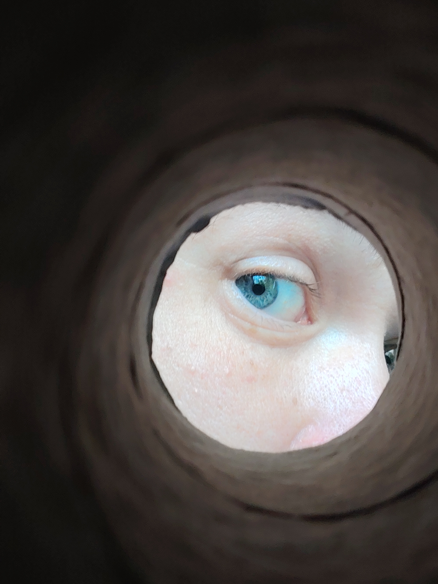 A close-up, low-angle shot shows a human eye with a blue iris peering through a dark, cylindrical opening, possibly a cardboard tube. The eye is looking directly at the camera. The surrounding skin is pale with some redness and visible pores. The background is dark and out of focus. The image does not contain any information about the city of Chaikovsky, Russia.