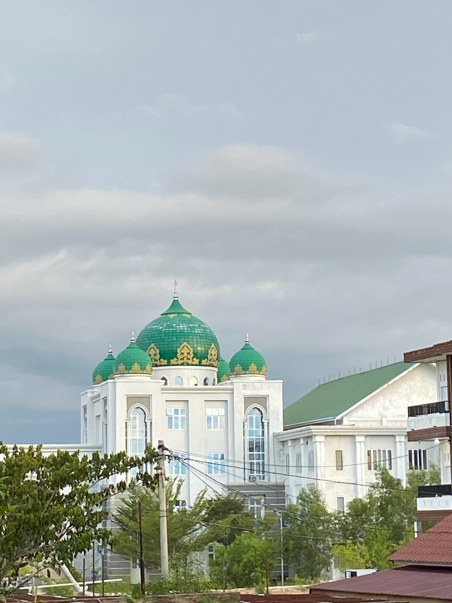 This is a photograph of the Baiturrahman Grand Mosque in Lhokseumawe, Indonesia, under a cloudy sky. The mosque features multiple green domes adorned with gold accents and a white facade. In the foreground, trees and electrical poles are visible, with parts of other buildings peeking through. The overall impression is one of an overcast day, with the mosque's distinctive architecture standing out against the muted sky.