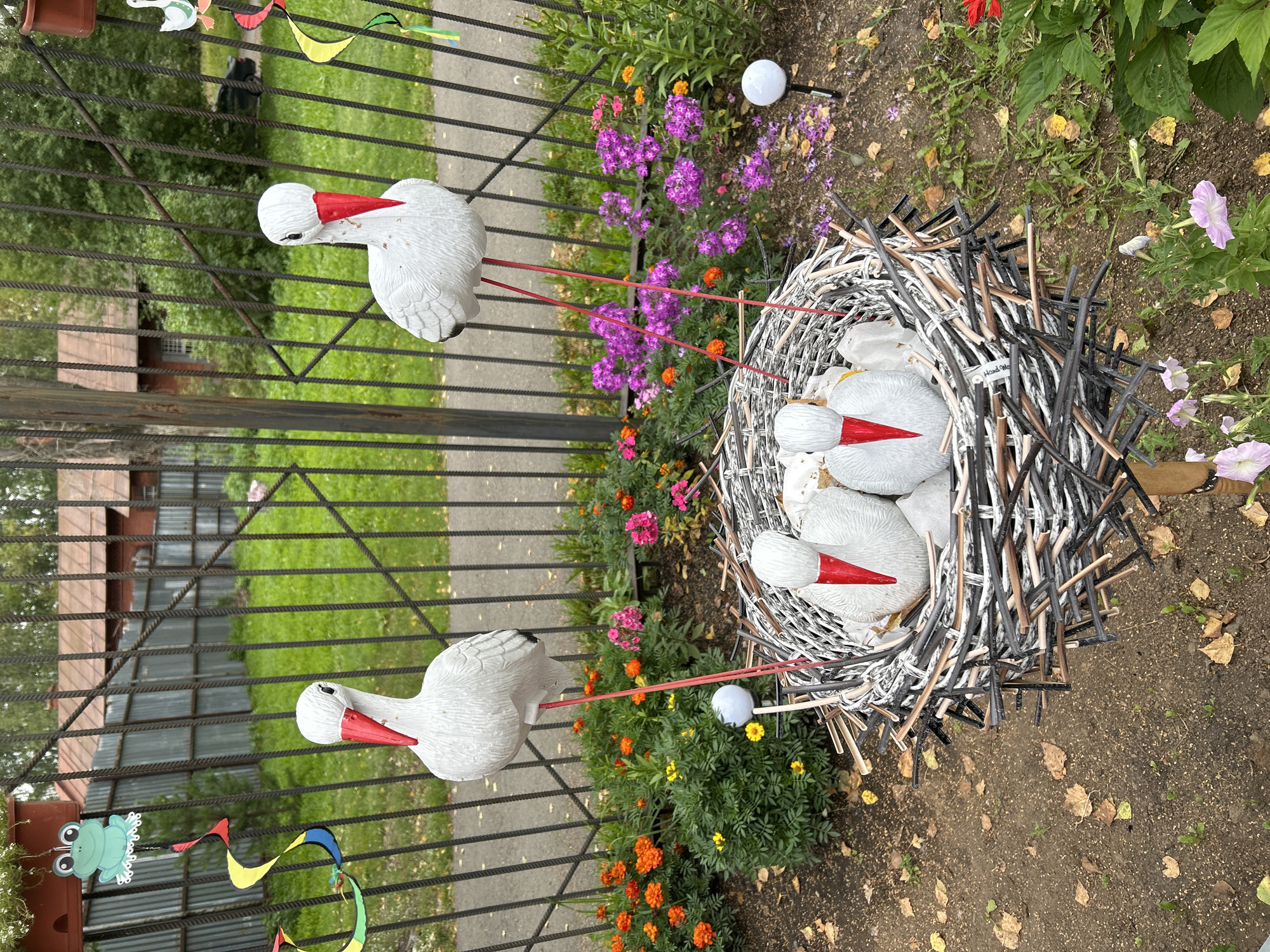 In the city of Tomsk, Russia, a decorative scene features two white stork statues with red beaks and thin red legs, standing sentinel over a large, rustic nest. The nest, intricately woven from twigs and branches, cradles three smaller stork figures, also depicted with white bodies and red beaks, appearing as chicks. The entire arrangement is situated outdoors, in front of a dark metal fence that separates the foreground from a grassy area and a rustic building with a red roof in the background. Colorful flowers, primarily orange and pink, bloom in front of the fence, adding vibrancy to the setting. A few fallen autumn leaves are scattered on the ground, suggesting the season. Decorative elements, including a green frog cutout and a colorful streamer, are attached to the fence, further enhancing the whimsical nature of the display. The scene is illuminated by natural light, with a small white solar lamp visible to the right of the nest, indicating it is likely a garden or yard decoration.
