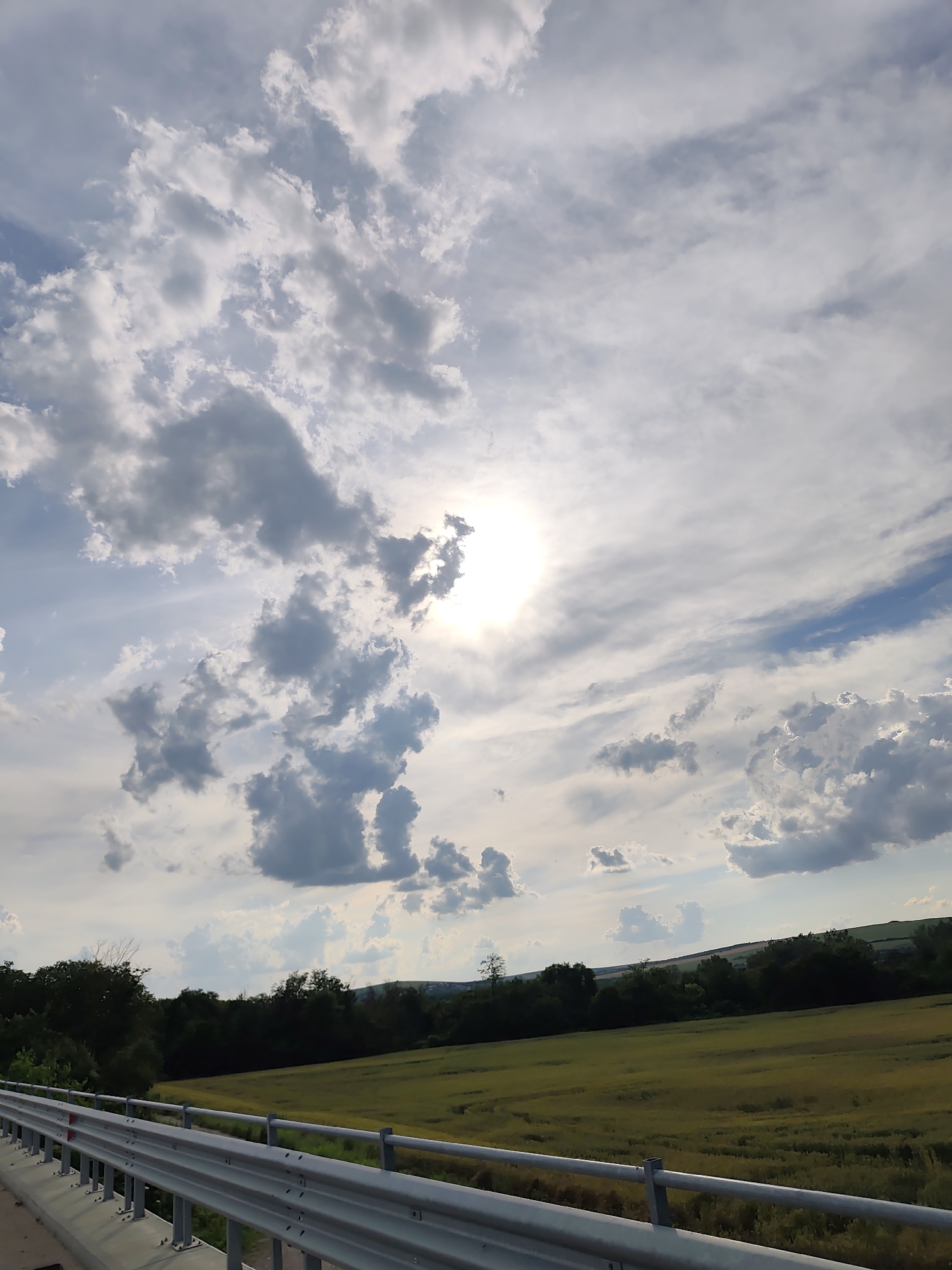The image captures a landscape scene under a dynamic sky with the sun partially obscured by clouds. In the foreground, a metal guardrail runs along what appears to be a road or bridge, separating the viewer from a field of green and yellow crops. The middle ground is dominated by a line of dark green trees forming a boundary to the cultivated land. In the background, rolling hills are visible, also covered in vegetation. The sky above is filled with a variety of clouds, ranging from light, wispy formations to denser, darker masses, with the sun creating a bright, diffused light source. The overall impression is of a rural or semi-rural setting in the vicinity of Polski Trambesh, Bulgaria, likely during daylight hours.
