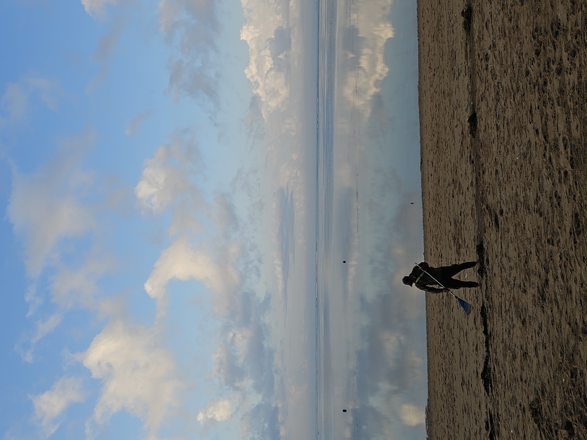 A person wearing a dark hat, dark long-sleeved shirt, and dark pants is sweeping sand on a beach with a blue rake. The person is positioned on the right side of the frame, facing left. The beach is composed of light brown sand and appears somewhat textured with small debris. In the background, a calm body of water stretches to the horizon, reflecting the blue sky and scattered white clouds. Two dark, spherical buoys are visible in the water. The sky is a bright blue with fluffy white and grey clouds. The overall scene suggests an early morning or late afternoon setting on a beach in Denpasar, Indonesia.