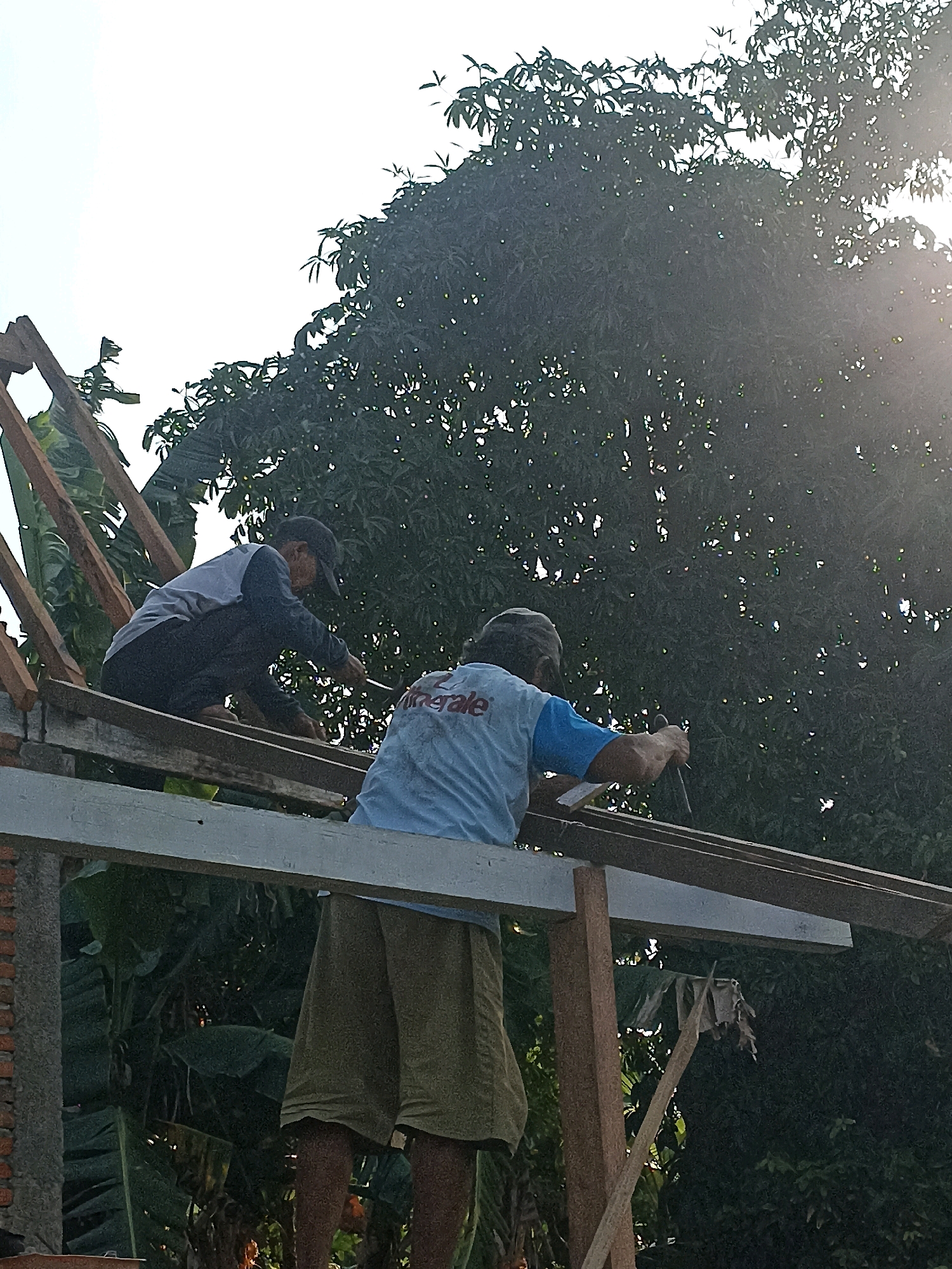 Two men are working on the construction of a building's roof structure. The man on the left, wearing a dark baseball cap, a long-sleeved grey shirt, and dark pants, is crouching and appears to be fastening something to the wooden beams with a tool. The man on the right, wearing a light blue t-shirt with the word "Minerale" visible on the back and khaki shorts, is holding a tool and appears to be actively working on the structure. They are positioned on a partially constructed roof frame, with exposed wooden beams and scaffolding. In the background, dense green foliage from trees and banana plants is visible against a bright, hazy sky, suggesting an outdoor, possibly rural or semi-rural, environment. The overall scene depicts a construction site in progress.