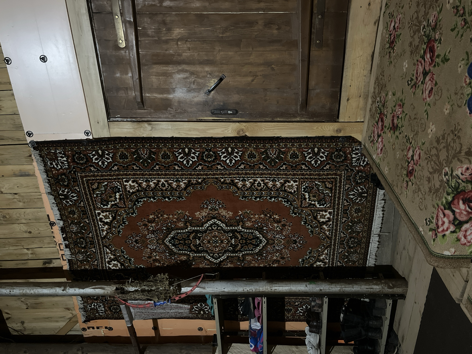 View from below of an attic space with wooden ceiling and floor. A brown patterned rug is partially attached to the ceiling. To the right of the rug is a wall with floral wallpaper. To the left is a white wall and a wooden hatch. Below the rug is a clothing rack with items of clothing hanging on it. It is unknown if this is in the city of Malyi Bukor, Russia.