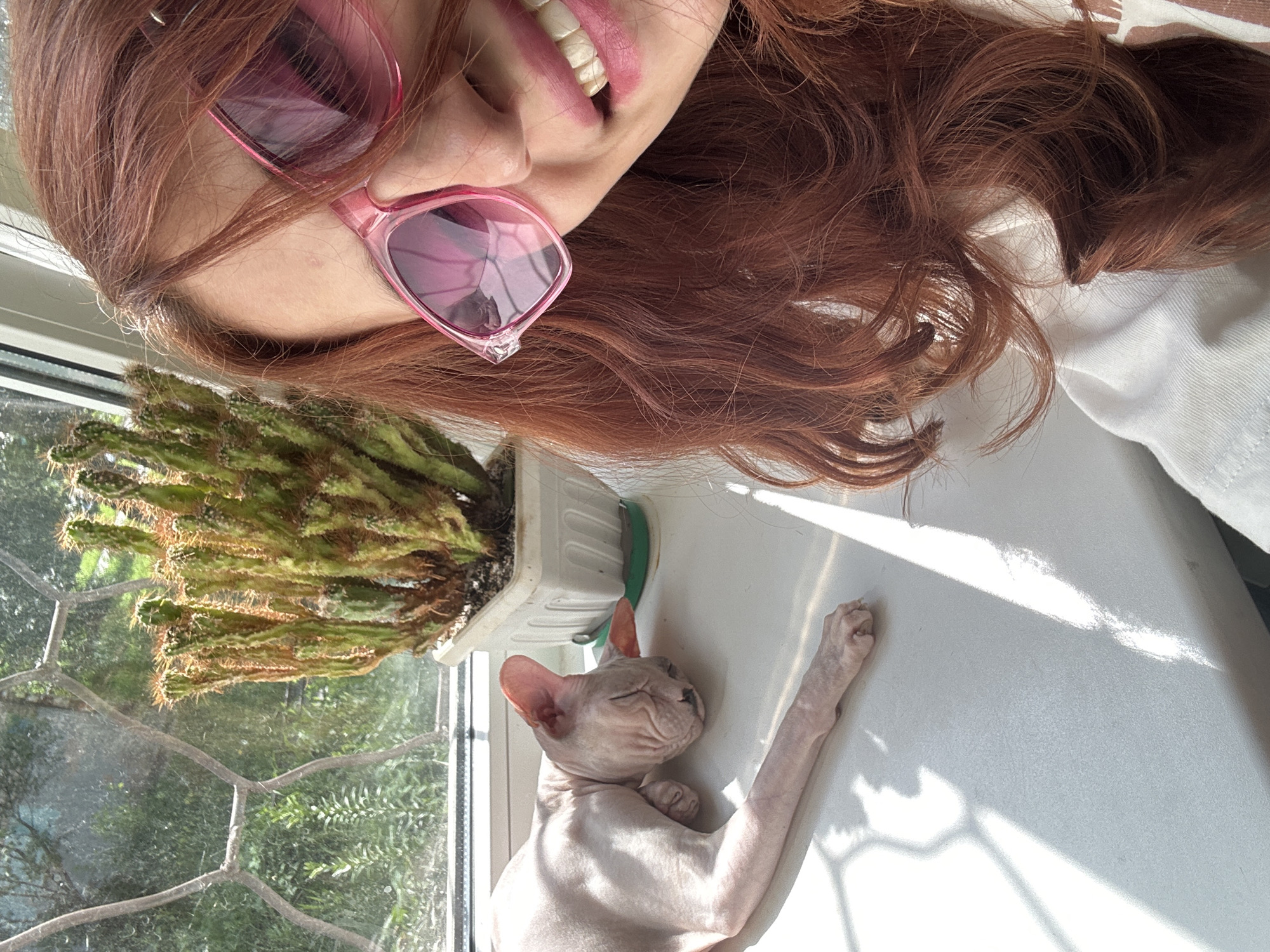 A selfie is taken by a woman with reddish-brown hair, wearing pink sunglasses, who is smiling and showing her teeth. Beside her, a hairless cat is sleeping peacefully on a white surface that appears to be a windowsill. Behind the cat, a potted cactus with many thin stems is positioned near a window with a metal grid. The scene is illuminated by sunlight casting distinct shadows on the windowsill. The background outside the window reveals greenery, suggesting an outdoor environment. The image does not provide any specific visual cues to identify its location within Togliatti, Russia.
