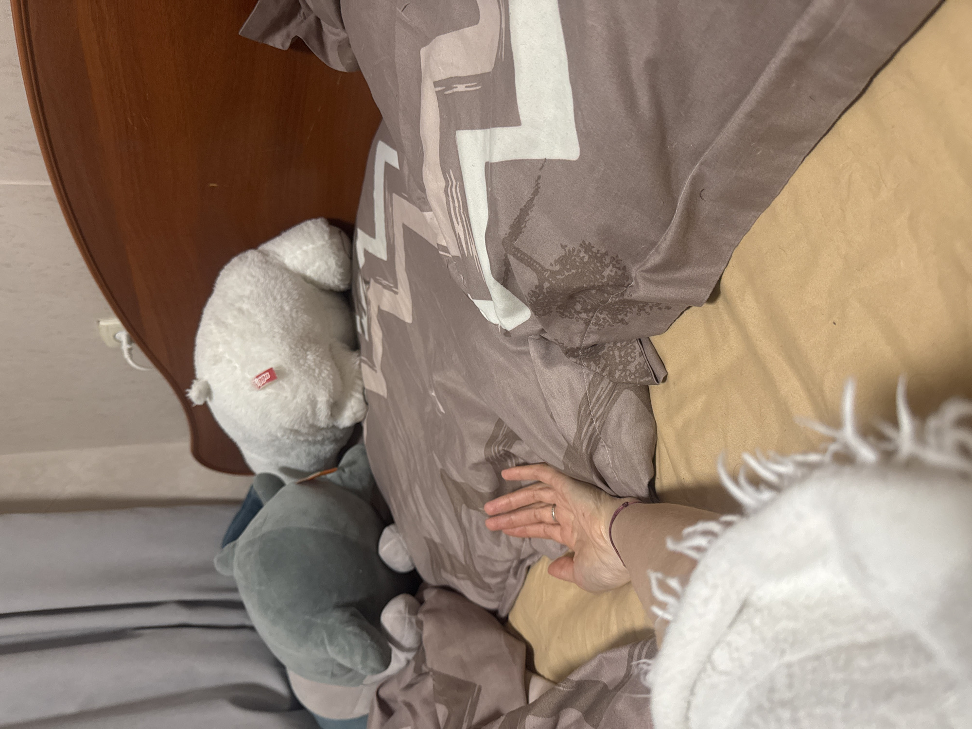 The image displays an indoor scene, focusing on a bed in what appears to be a bedroom. A person's left arm and hand are visible, reaching into the bed from the right side of the frame. The hand wears a plain silver-colored ring on the ring finger, and a thin, dark-colored bracelet is on the wrist. A fluffy white garment, possibly a sweater or blanket, partially covers the arm in the foreground.
The bed is dressed with a brown-grey duvet cover featuring a repeating abstract pattern of white, zigzagging lines and subtle, darker tree-like motifs. A lighter beige sheet is visible underneath the duvet. Towards the head of the bed, nestled against a dark wooden headboard or wall panel, are two plush toys. One is a fluffy white animal, possibly a bear, with a small, unreadable red tag attached. The other is a grey or blue plush toy, resembling a shark, partially tucked beside the white one.
On the wall to the left of the bed, a white electrical outlet with a white cord plugged into it is visible. The lighting is soft and diffused, suggesting an interior setting with ambient light, possibly from an overhead fixture or an overcast day. The scene conveys a sense of domestic tranquility. No explicit text is clearly legible within the image apart from the blurry red tag on the white plush toy.