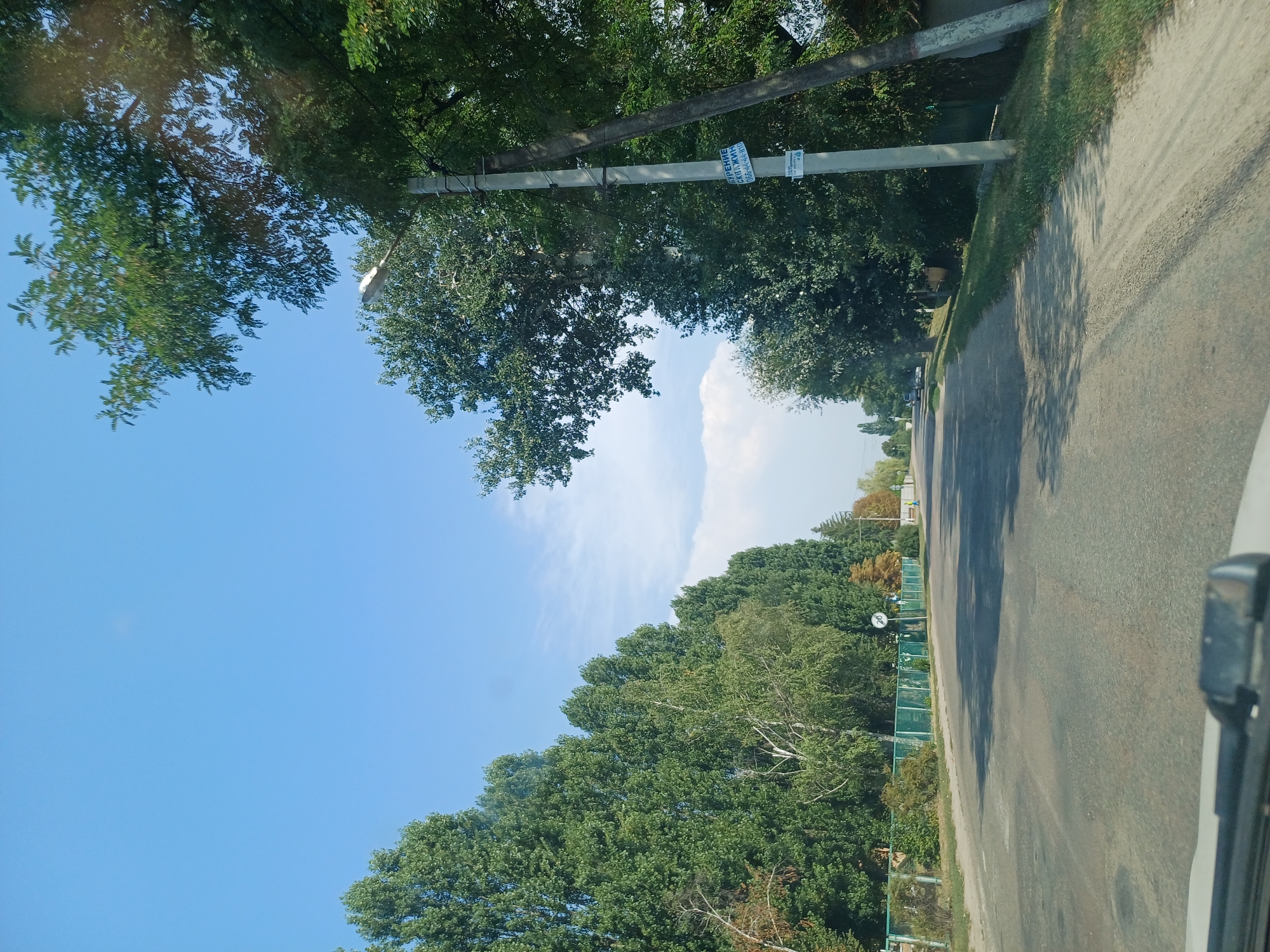 The image shows a roadside view in Kuchakiv, Ukraine. A paved road stretches into the distance, lined by a row of tall, green trees on the left and a mix of trees and vegetation on the right. A green metal fence runs along the left side of the road, bordering a property. A speed limit sign indicating "20" is visible on the left side of the road. A concrete utility pole with a light fixture stands on the right, adorned with a blue and white sticker. The sky is a clear blue with a few wispy clouds. The overall scene depicts a rural or semi-rural setting on a sunny day.