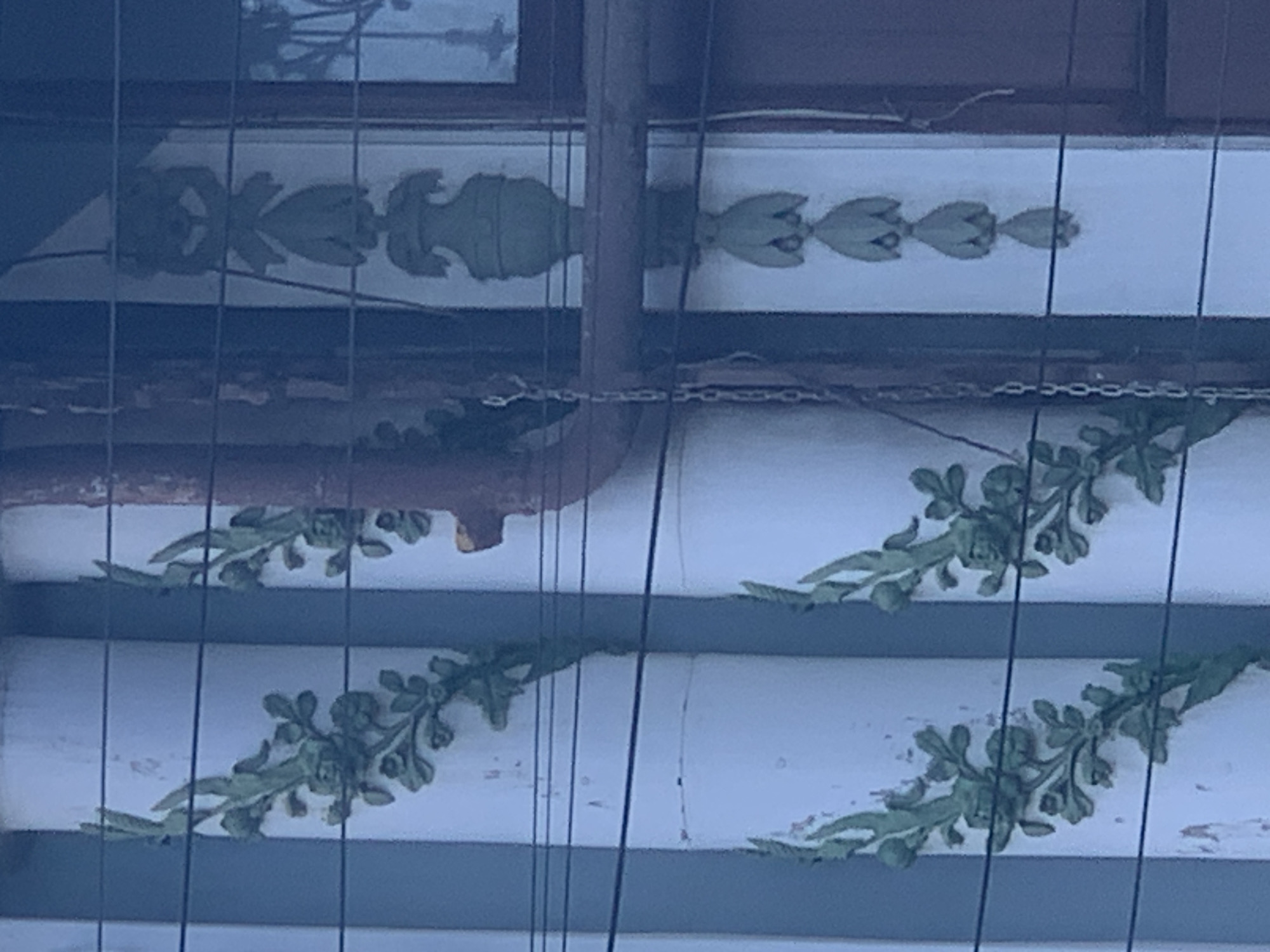 The image shows a close-up view of decorative architectural elements on the exterior of a building. On the left side, there are vertical white cylindrical columns adorned with green, vine-like relief sculptures featuring leaves and buds. These sculptures are repeated vertically. In the center, a rusty brown drainpipe is visible, extending downwards. To the right of the drainpipe, a dark chain hangs down. Further to the right, a white vertical element displays a repeating pattern of green decorative motifs, possibly floral or urn-shaped, arranged vertically. The scene is partially obscured by black horizontal wires running across the image, suggesting a street or utility lines in front of the building. The background shows a glimpse of a window with a dark frame on the far right. The lighting suggests it is daytime, with a slightly overcast sky contributing to the muted colors. The location is described as Unknown, Unknown.
