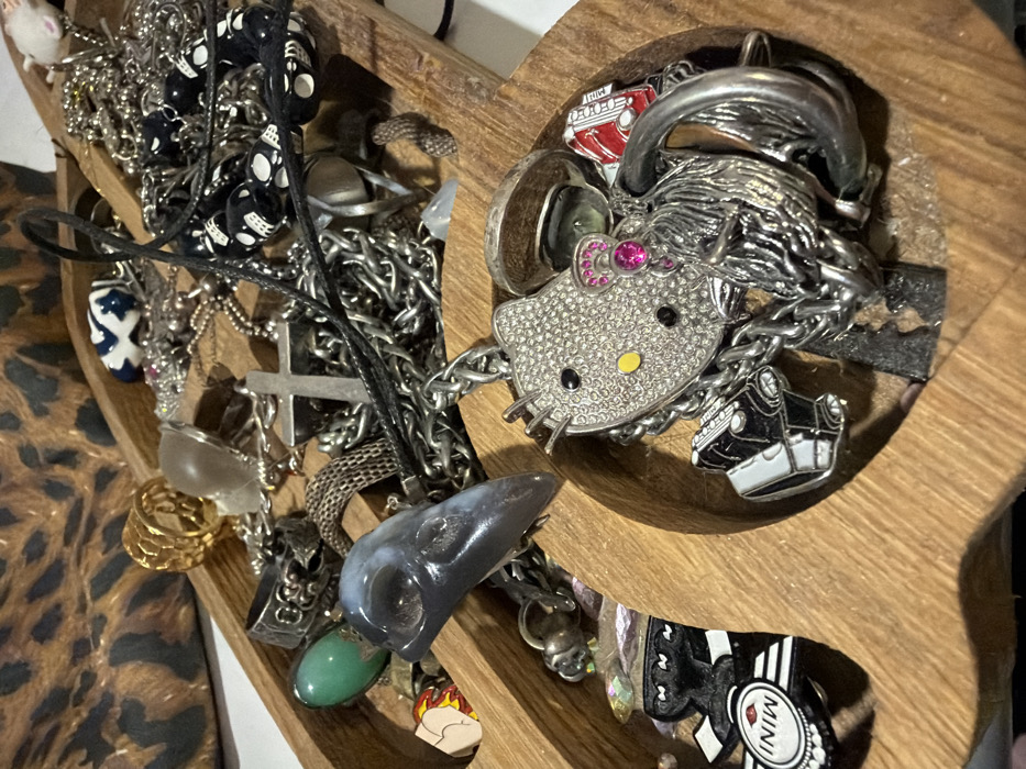The image displays a cluttered collection of jewelry and small trinkets contained within a light brown, multi-compartmented wooden tray. The tray features a curved, irregular shape with multiple recessed sections. In the background, out of focus, a blurred leopard print pattern is visible.
The tray is filled with numerous silver-tone and some gold-tone metallic items, along with various other materials. Key objects include:
- Several rings, such as a gold-tone textured band, a silver-tone ring with an oval translucent grey cabochon, and a silver-tone ring with an intricate dark design.
- Numerous tangled silver-tone chains and necklaces.
- Pendants and charms, including a grey and white agate-like stone shaped like a raven's skull, a simple silver-tone cross, a large silver-tone Hello Kitty pendant encrusted with clear rhinestones, a silver-tone pendant depicting a stylized animal head (possibly a lion or wolf), a small red guitar-shaped pendant, and a green cabochon stone pendant.
- Other small items include a black beaded necklace with white patterned beads, a tiny white plastic mouse figurine, a white and blue patterned bead, two black and white enamel charms resembling the Mini Cooper car logo and text, and a small wooden charm with red and yellow details.
- A silver-tone ring featuring a prominent pink faceted stone is also visible.
There are no people present, and no specific actions or interactions are depicted. The objects are static within the tray. The image contains no visual information to identify a specific location within the city of Saint Petersburg, Russia.