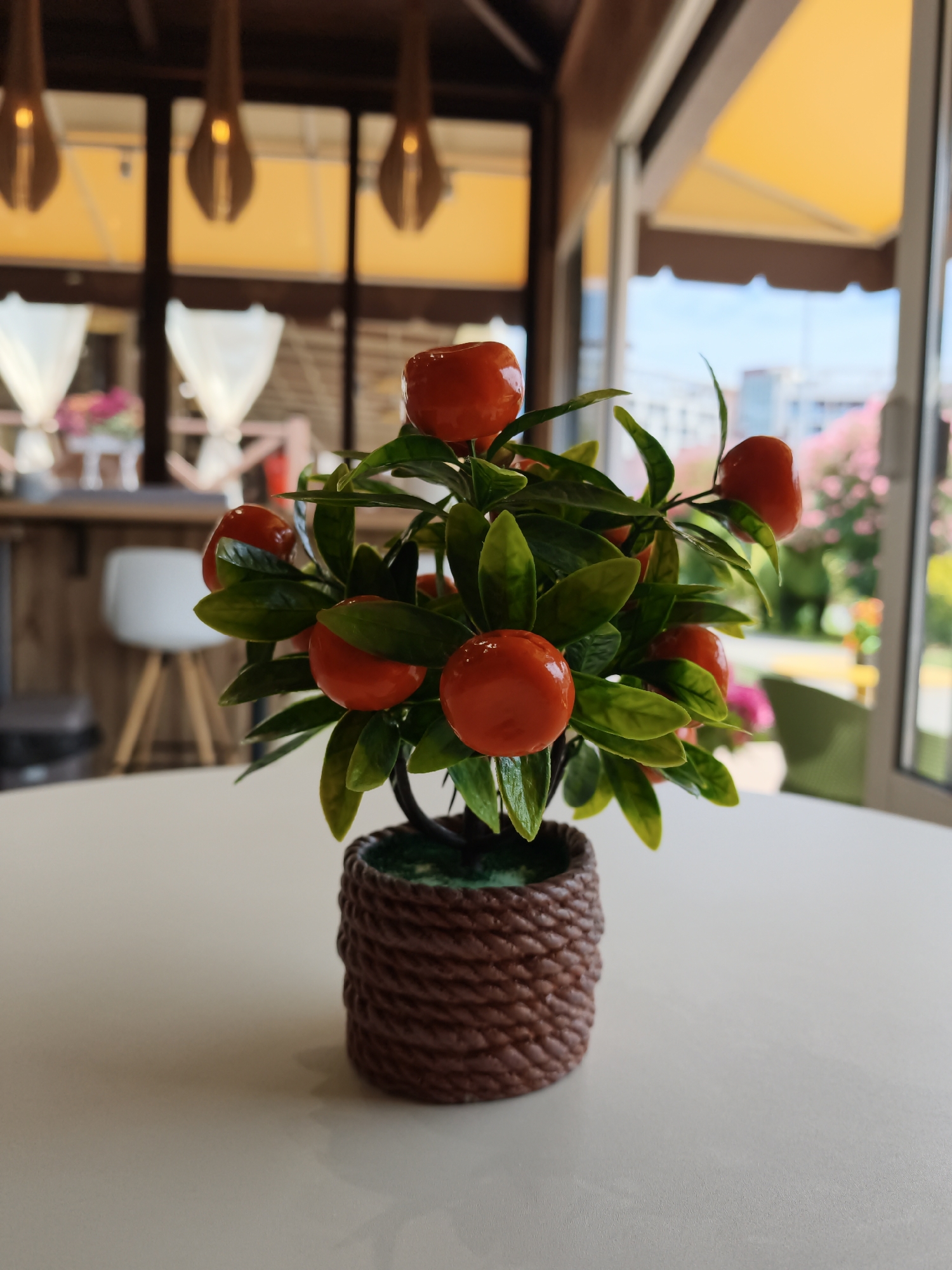 The image shows a close-up of a small, artificial potted plant with bright red, berry-like fruits and green leaves. The pot is made of brown, woven material. The plant is placed on a white, smooth surface, likely a table. In the background, there is a blurred interior of a building with warm lighting from pendant lamps. Through a large window, an outdoor scene is visible with awnings, foliage, and a bright sky, suggesting it is daytime. The overall ambiance appears to be a cafe or restaurant setting, possibly on a sunny day. The specific location in Sochi, Russia cannot be determined from the visual information provided in the image.
