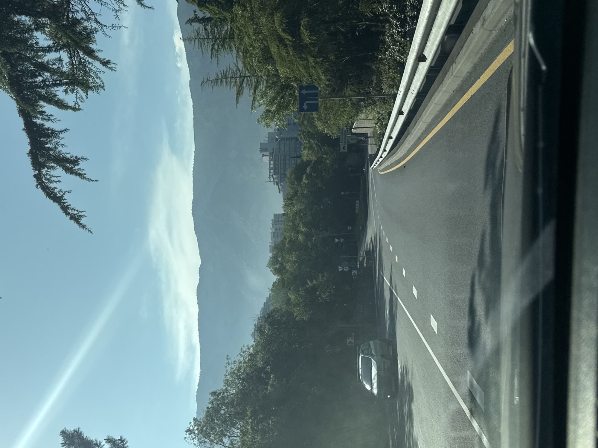 A daytime shot from inside a moving vehicle shows a highway running alongside a mountain range in Ливадийский поселковый совет, Ukraine. The road is asphalt, marked with white lane dividers and a yellow shoulder line, and is bordered by a metal guardrail. Buildings are partially visible through the trees along the mountainside. Road signs are present on the right side of the road. A car is visible further down the road in the same direction. A few branches are present in the image that could be pine or fir. The sky is clear with some light clouds. Sunlight is streaming into the scene.