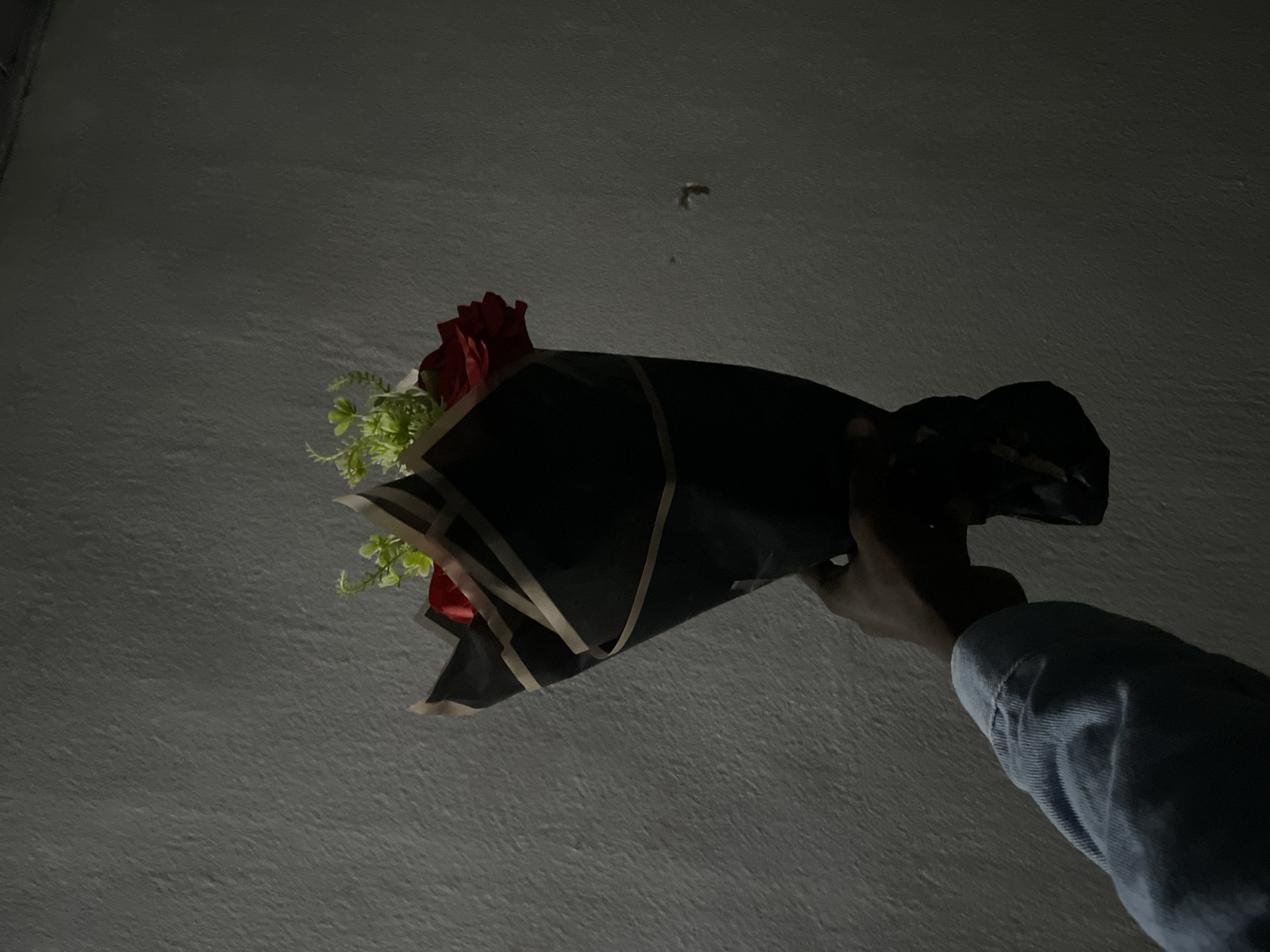 A hand wearing a denim sleeve is holding a bouquet of red roses and greenery, wrapped in black and tan paper, against a textured gray wall. The scene is dimly lit, casting shadows and creating a somber mood. No specific location in Durimi, Nigeria, can be identified from the image.