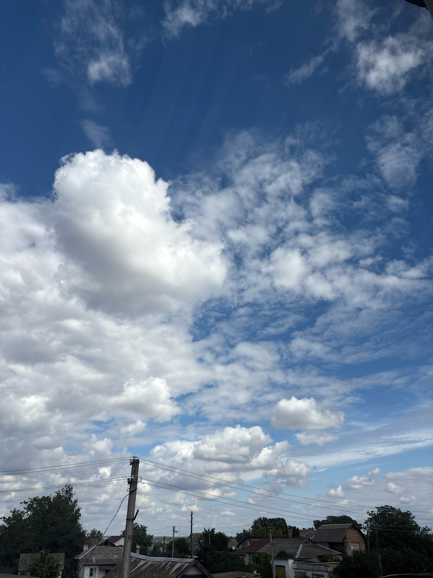 A vertical, eye-level shot captures a partly cloudy blue sky above a residential area in Lanivtsi, Ukraine. Large, fluffy white cumulus clouds dominate the upper portion of the frame, interspersed with thinner, wispy cirrus clouds. Below the sky, the tops of trees, rooftops of houses with grey and red shingles, and a wooden utility pole with electrical wires are visible. The environment appears to be a suburban or rural setting.