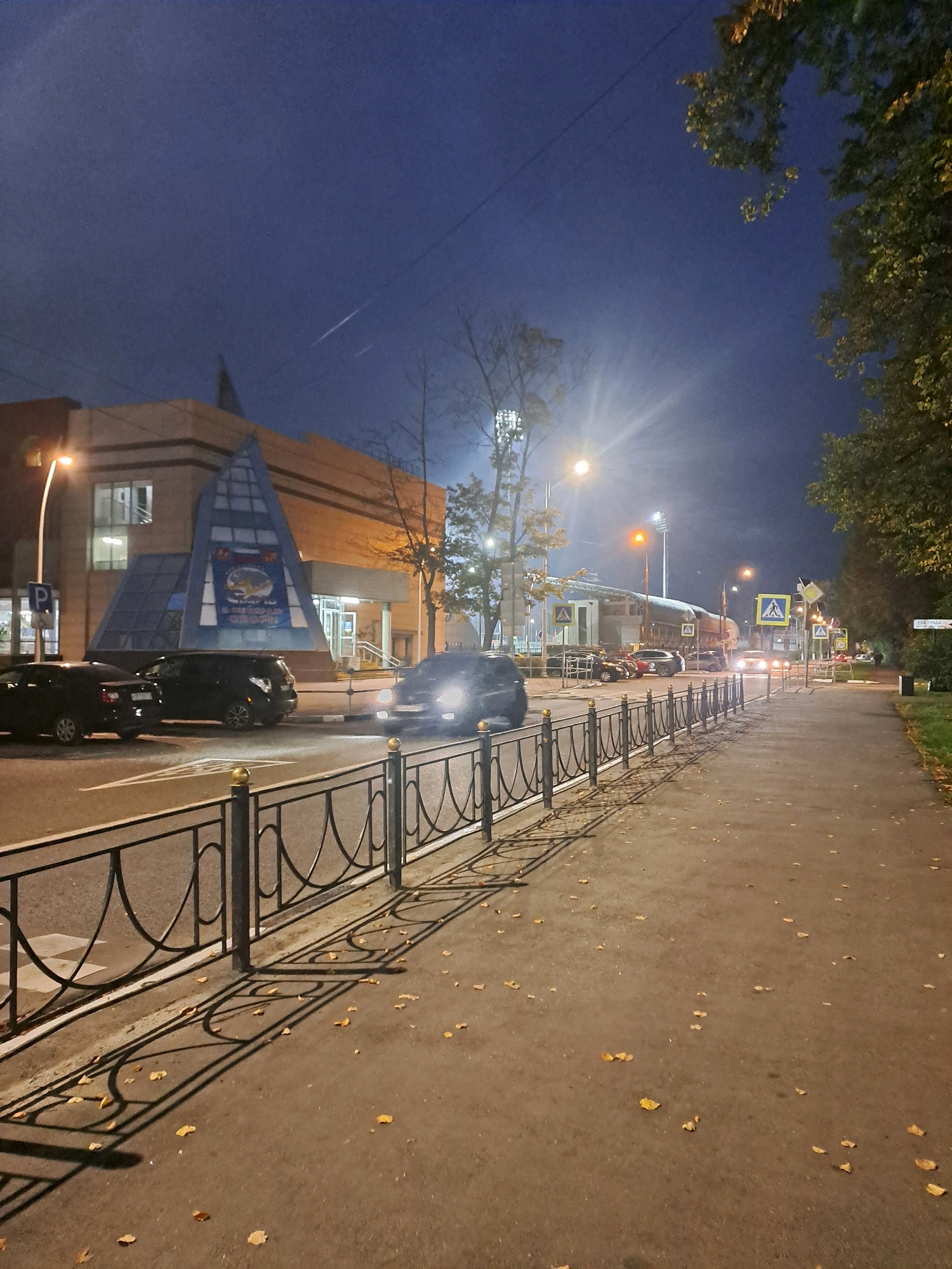 A wide-angle, low-light photograph captures an urban street scene at dusk or night in Elektrostal, Russia. The view is from a sidewalk looking across a street towards a building and a tree-lined area. The sky is a deep blue, with a faint contrail visible.
On the left side of the image, a modern, beige building with a distinctive triangular blue glass facade is illuminated by streetlights. A dark sedan and a dark SUV are parked on the side of the road in front of the building.
The street itself has at least two lanes of traffic, with several cars visible, some with headlights on. One car in the right lane has its headlights brightly illuminating the road and sidewalk. Across the street, there are pedestrian crossings indicated by yellow diamond-shaped signs with a pedestrian symbol.
A black metal fence with decorative loops runs along the edge of the sidewalk, casting long, distorted shadows from the streetlights onto the asphalt. Scattered yellow leaves are visible on the sidewalk and street, suggesting an autumn setting.
To the right, a well-lit path or sidewalk continues, bordered by a grassy area with trees. The overall impression is a quiet, early evening or nighttime urban environment.