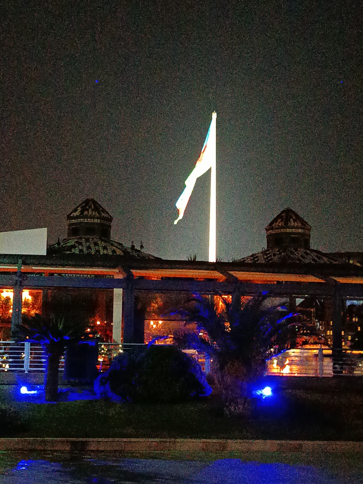 The image shows a building with two domes at night. A flagpole with a flag that appears to be lit up stands in front of the building. The flag has white, blue, and red sections. There are palm trees and blue lights on the ground in front of the building. The building appears to be a part of a resort or entertainment complex, possibly located near the Caspian Sea as suggested by the reference to Sabail Raion, Azerbaijan, which is a coastal district in Baku. The overall ambiance is festive and illuminated.