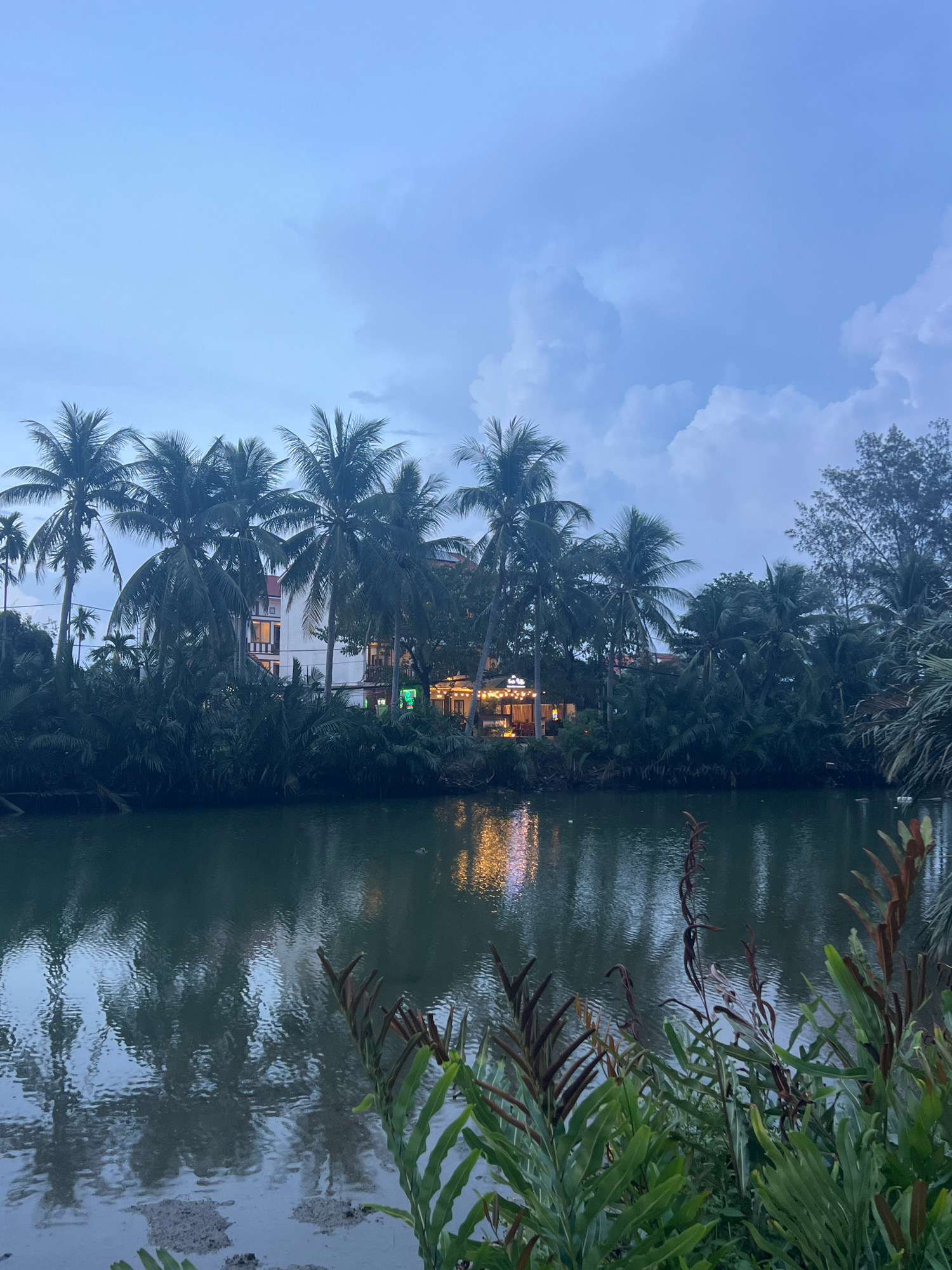 The image captures a serene view of the Thu Bon River in Hoi An, Vietnam, at dusk. A calm body of water, reflecting the twilight sky and the lights of a building on the opposite bank, dominates the foreground. Lush green foliage, including palm trees and various plants, lines the riverbank. A white building with a prominent red roof, likely a hotel or restaurant, is visible behind the dense vegetation, its windows illuminated by warm light. String lights are also visible, adding to the ambiance of the evening scene. The sky is a soft blue with scattered clouds, hinting at the transition from day to night. The overall impression is one of tranquility and natural beauty characteristic of Hoi An.