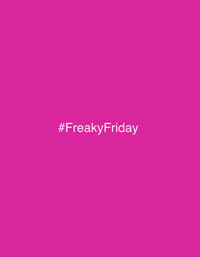The image displays a vibrant, solid magenta-pink background. Centered on this background in white text is the hashtag "#FreakyFriday". There are no other visible subjects, objects, people, or discernible scenes in the image. No activity or event is depicted, and there are no notable details regarding time of day, weather, location cues, or emotions. The image is a simple graphic featuring text on a plain colored background.