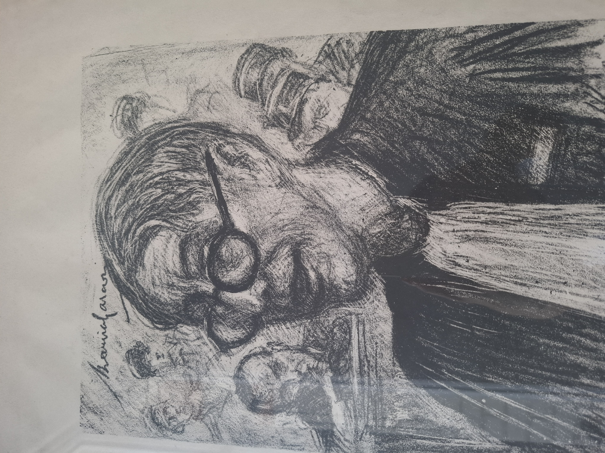 The image is a black and white sketch or drawing of a group of people, likely in a formal setting such as a courtroom or assembly. The central figure is a man wearing glasses and a white cravat or scarf, suggesting he may be a lawyer or judge. He is depicted with a serious expression. Several other figures are visible in the background, some of whom are also wearing hats. The sketch style is loose and expressive, with a focus on capturing the likenesses and mood rather than fine detail. There is a signature or inscription in cursive script at the top left of the drawing, but it is illegible. The drawing is framed by a white border. The location in Montreuil, France, is not discernible from the image.