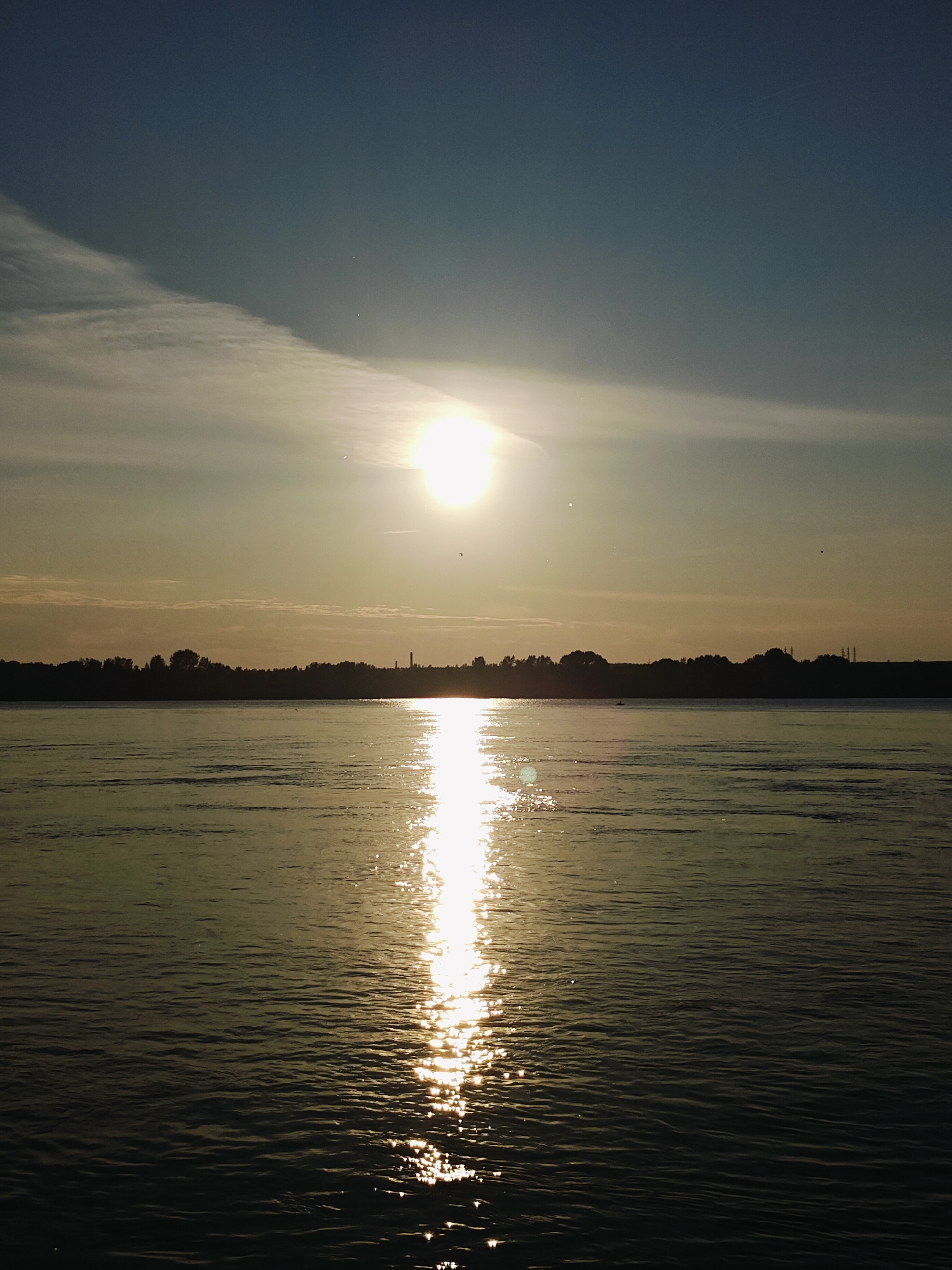 A wide river reflects the bright setting sun, casting a shimmering golden path across its surface. The water is calm with gentle ripples. In the background, a dark, silhouetted treeline stretches across the horizon, punctuated by a few distant industrial structures, suggesting an urban or semi-urban setting. The sky above transitions from a deep blue at the top to a softer, yellowish hue near the horizon, with wispy clouds streaking across. A few small birds are visible in the sky. This scene is likely the Kama River in Chaikovsky, Russia, given the typical landscape and the presence of industrial elements often seen in the area.