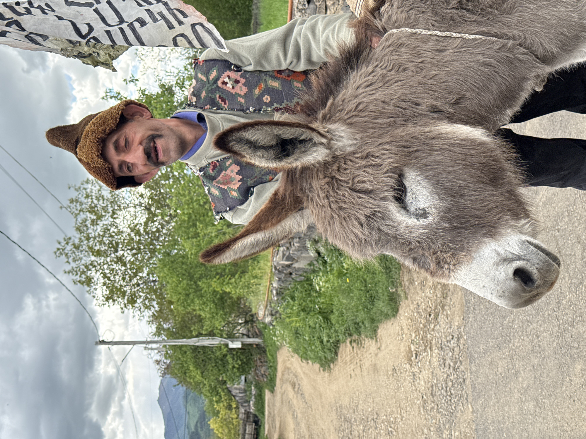 A man wearing a brown hat and ornate vest, with a mustache, stands beside a donkey on a dirt road. The scene is in Dsegh, Armenia. A banner with Armenian text is visible. Trees and mountains are in the background under a cloudy sky. The man is smiling. The donkey is light brown with a grey muzzle. The road is gravel. A power pole is visible.