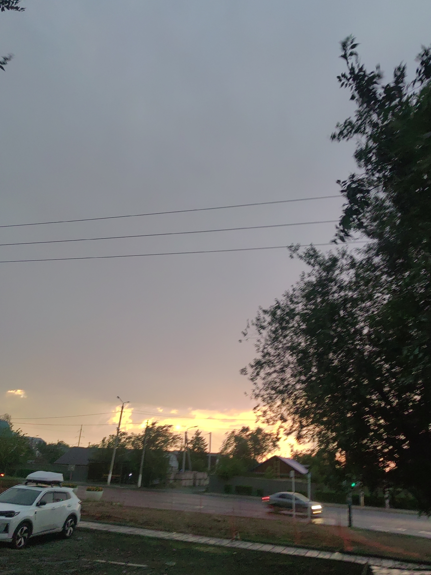 The image depicts a street scene in Ekibastuz, Kazakhstan, during what appears to be a twilight hour, possibly just after sunset. The sky is overcast with a gradient of pale grey at the top transitioning to soft yellow and orange hues near the horizon, indicating the fading daylight. Three parallel power lines are visible stretching horizontally across the upper portion of the frame.
On the left side of the image, a white SUV with a roof carrier is parked on the grass. The vehicle has its hood slightly ajar. Beyond the SUV, there are some green bushes and a small planter box with yellow flowers. Several residential buildings with dark roofs are visible in the background, interspersed with trees. Streetlights are present along the road.
The road itself is wet, suggesting recent rain or damp conditions. A dark-colored car is in motion on the road, heading towards the right of the frame, its headlights and taillights illuminated. A traffic light, showing a green signal, is positioned on a pole on the right side of the road. A large, dark green tree with dense foliage dominates the right side of the image, its branches extending towards the sky and partially obscuring the sunset colors. The overall impression is a quiet suburban or residential street on a cloudy evening.