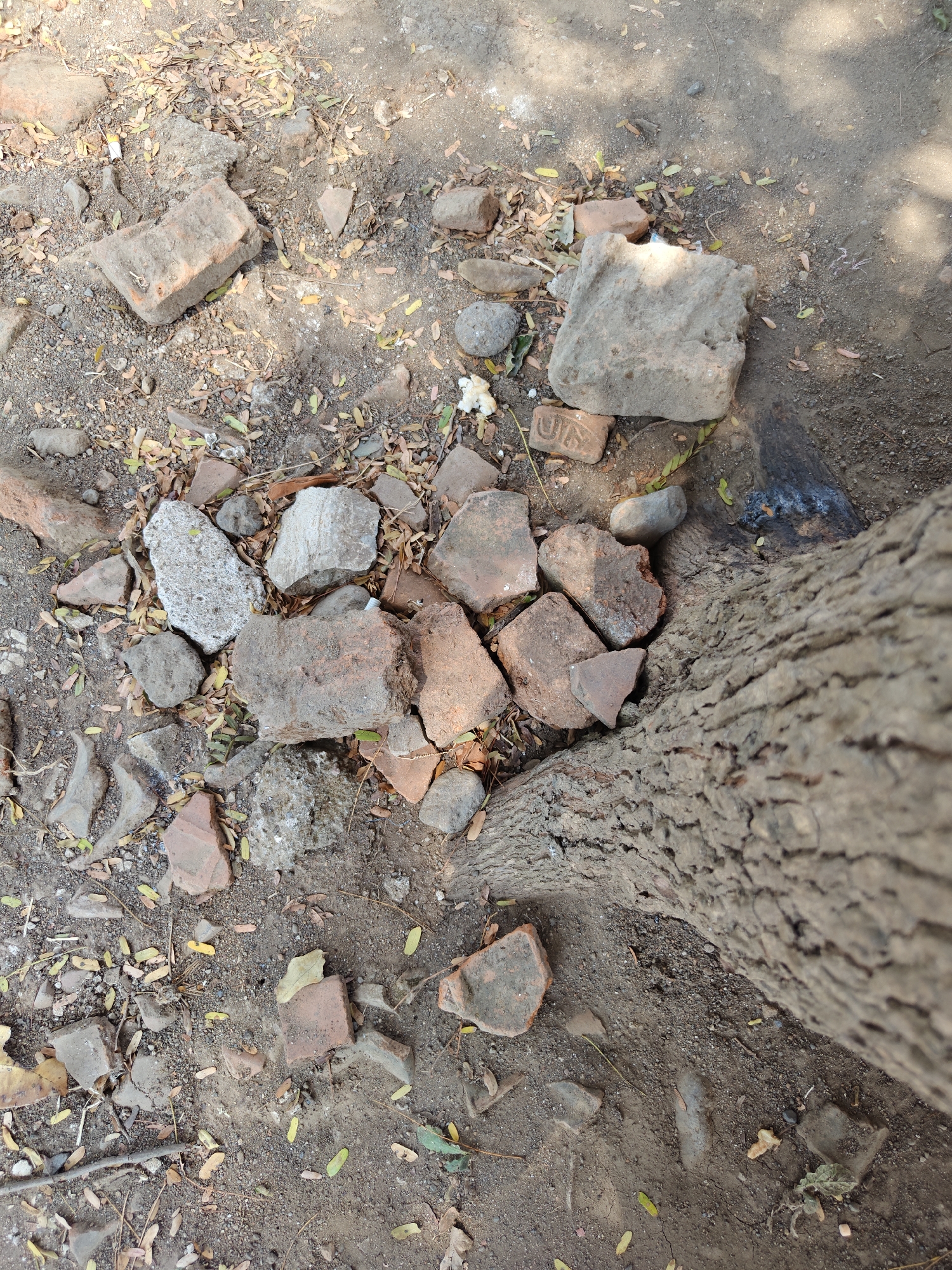 The image shows a pile of broken bricks and debris on the ground next to a tree trunk. The ground is covered with dirt, small stones, and scattered fallen leaves. Sunlight casts shadows on the ground, suggesting an outdoor setting. Some of the bricks are red clay, while others appear to be concrete or stone. There are no people or animals visible in the image. The overall scene is one of disarray and neglect.