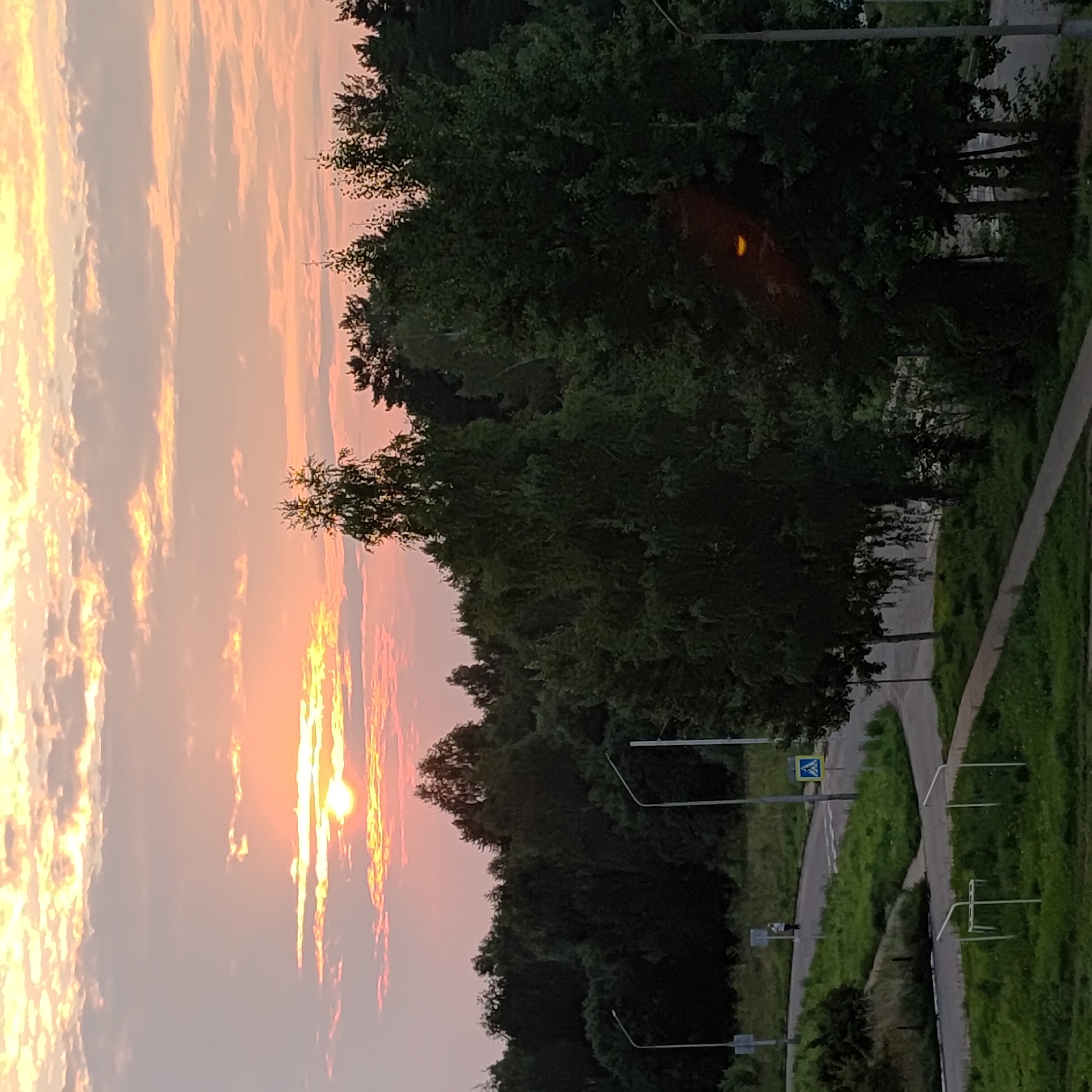 The image depicts a sunset over a natural landscape with a residential area. The sky is filled with soft pink and orange hues, indicating the time of day is either sunrise or sunset. Wispy clouds are spread across the sky. A prominent feature is the sun, a bright orb with rays extending outwards, partially obscured by the clouds.
In the foreground, a dense cluster of green trees lines the frame. Beyond the trees, a paved pathway winds through a grassy area. The pathway is bordered by a white fence or railing in some sections. There are also streetlights and a blue and yellow pedestrian crossing sign visible along the path, suggesting a proximity to a road or residential area. The presence of these elements implies an urban or suburban setting within a natural environment.
There are no visible people in the image, but the infrastructure suggests human habitation. The overall mood of the image is serene and peaceful, evoked by the soft colors of the sky and the quiet natural setting. The image is oriented vertically, with the sky occupying the left side and the trees and pathway on the right.