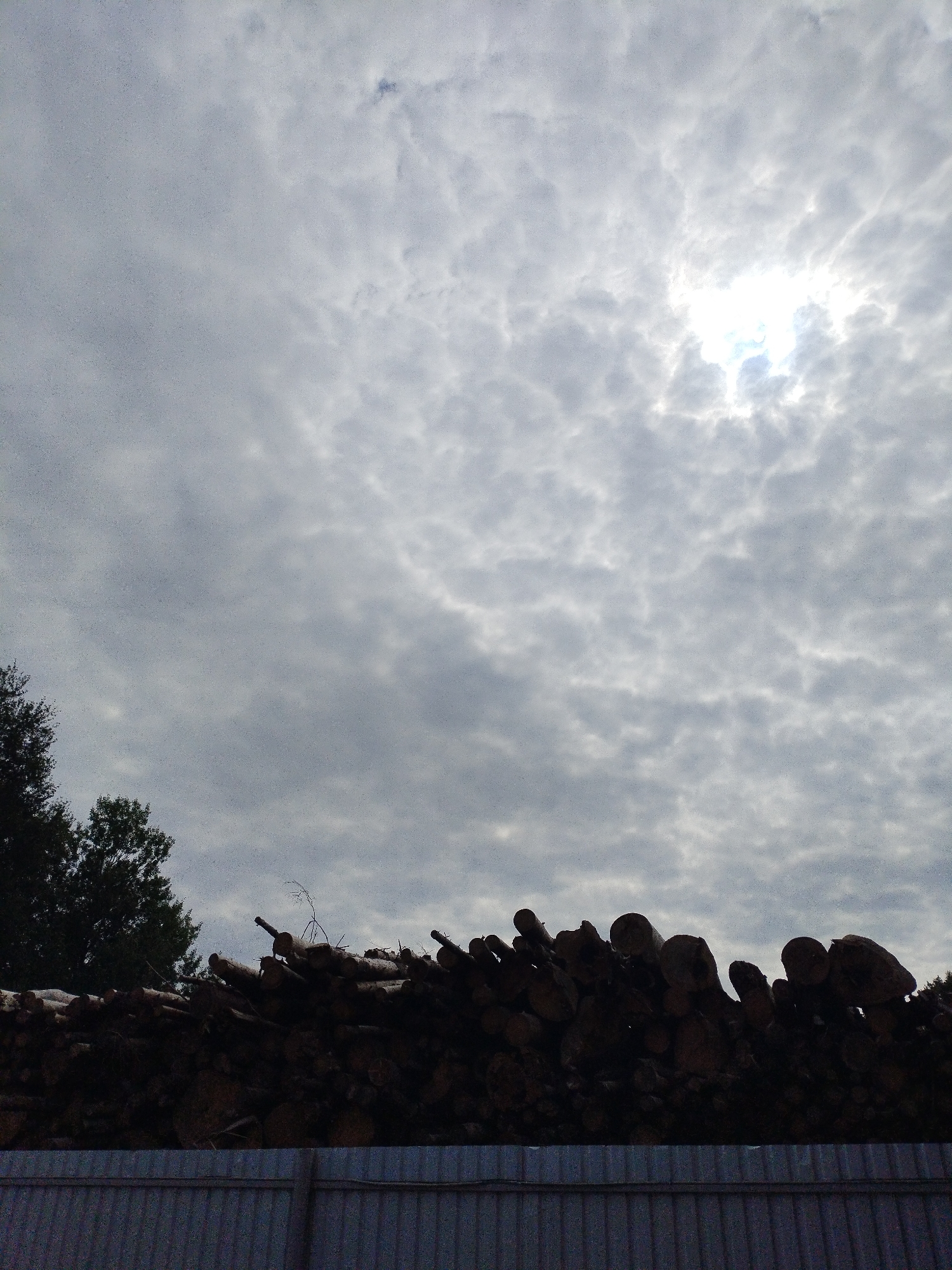 The image depicts a partially obscured view of a large pile of cut logs against a cloudy sky. The sun is visible through a break in the clouds, casting a bright glow. To the left, the dark silhouettes of trees are present. In the foreground, a corrugated metal fence runs horizontally across the bottom of the frame. The scene appears to be an outdoor storage area for lumber, potentially in a rural or industrial setting within Вароніцкі сельскі Савет, Belarus, based on the provided location context. No people are visible in the image.