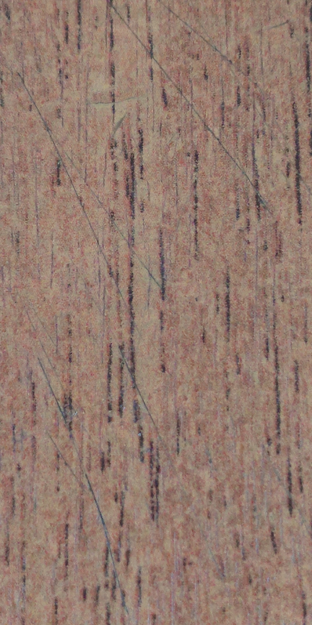 This is a close-up, abstract image of a textured surface, likely wood or a wood-like material. The dominant colors are a muted pinkish-brown background with numerous fine, vertical dark lines scattered across it. Some of these lines appear as if they could be wood grain, while others might be scratches or markings. There are also a few fainter, thin, dark lines running diagonally across the image. The texture is granular and appears somewhat worn or aged. No people, animals, or recognizable objects are visible, and the location is unknown.