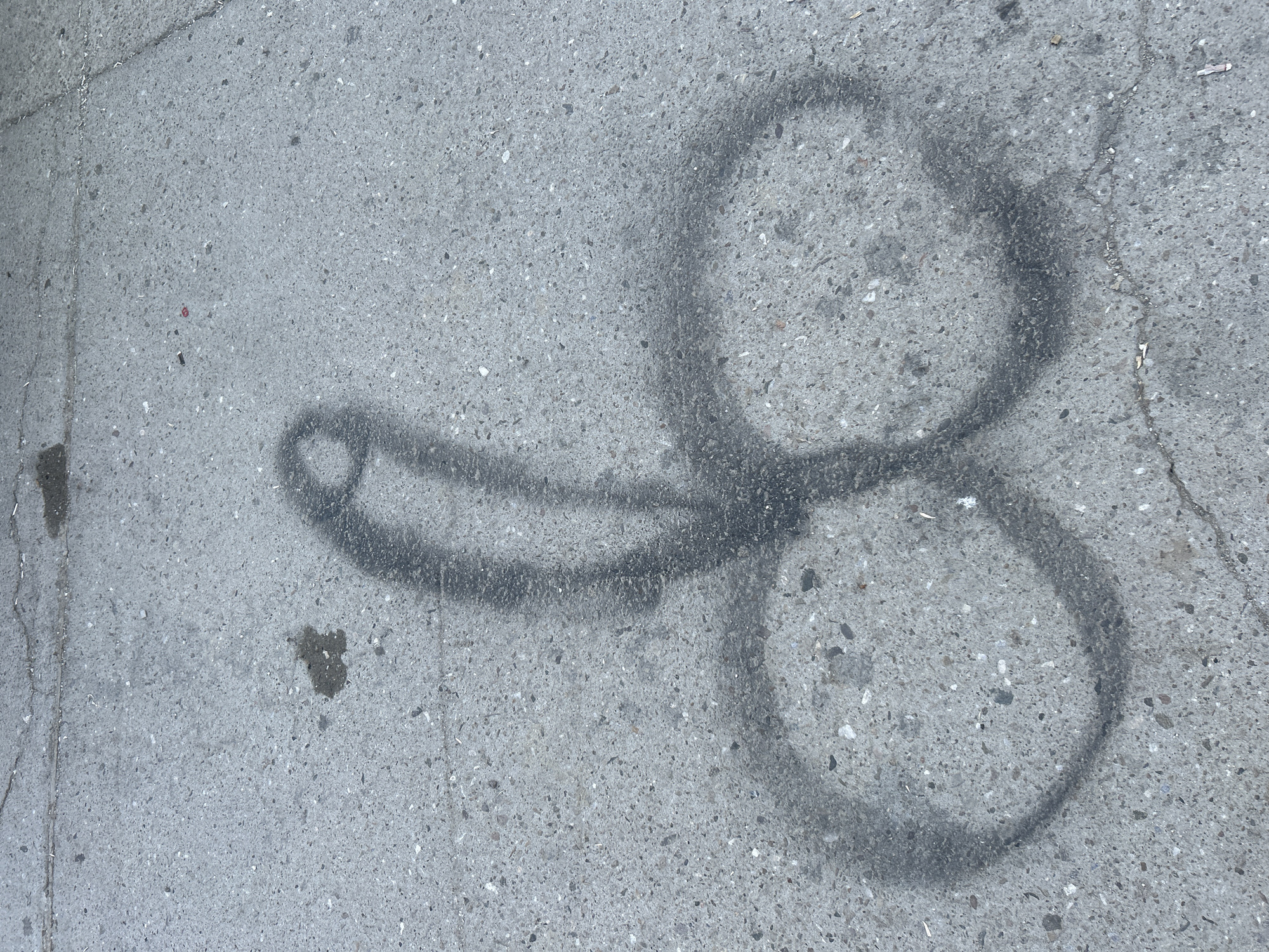 The image displays a crude drawing of a penis and testicles, spray-painted in black on a light grey, granular surface. The surface appears to be asphalt or concrete, textured with small, embedded aggregates and featuring several fine cracks, particularly visible near the left edge and extending through the right side of the drawing.
The drawing itself is rendered with uneven black spray paint, indicating it was done freehand. The penile shaft is directed towards the left, while two roughly circular shapes representing testicles are situated to the right. The lines of the spray paint are somewhat feathered, showing the texture of the surface beneath.
The scene depicts an outdoor ground surface, likely a sidewalk or paved area. The lighting suggests it is daytime, with uniform illumination across the surface and no strong shadows. There are a few small, dark, irregular stains or marks on the ground, notably one below and to the left of the drawing. No people or other prominent objects are visible in the frame, focusing solely on the graffiti and its immediate environment. There is no visible text.